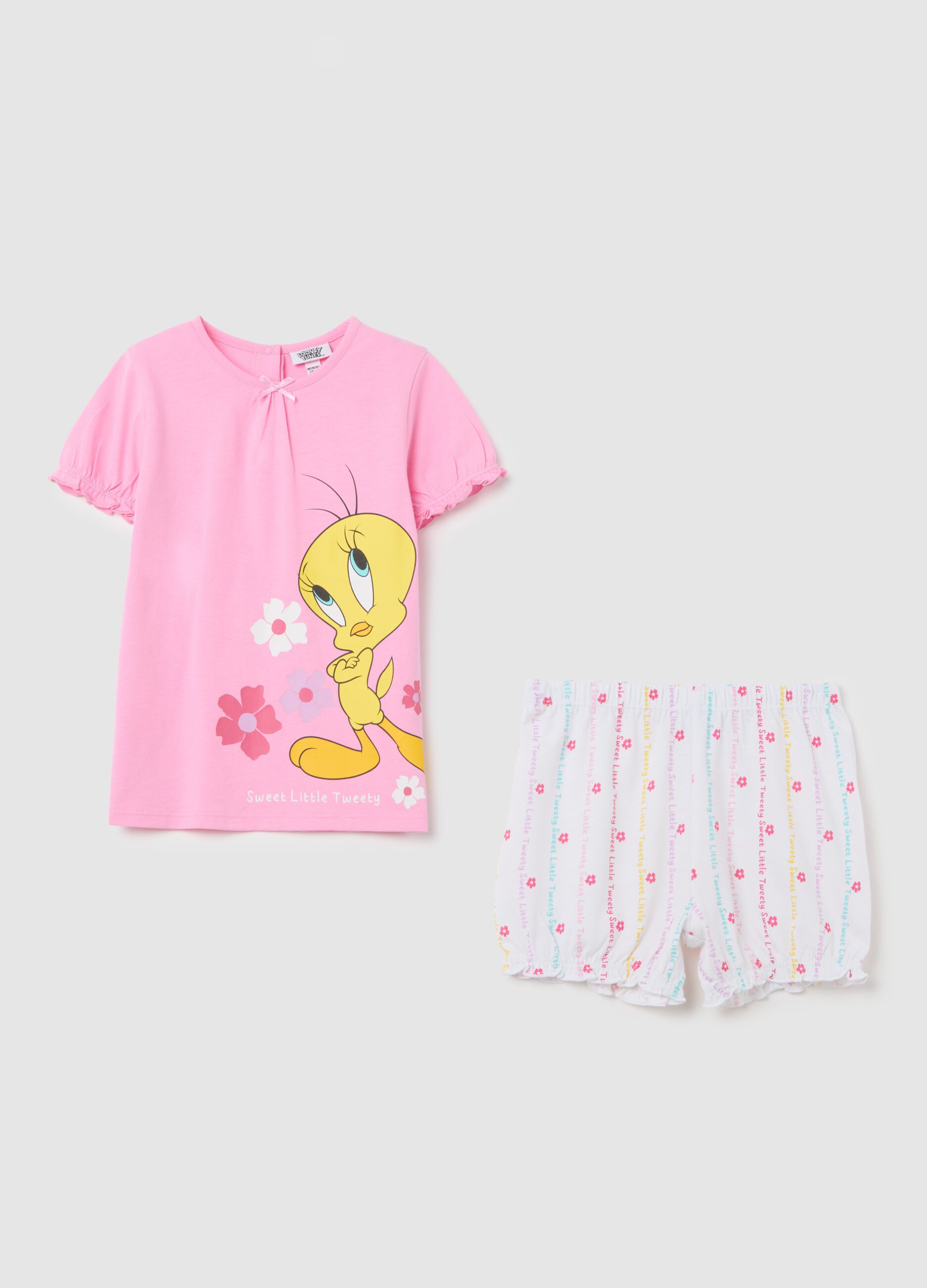 Pigiama corto da bambina in puro cotone rosa con stampa Titti