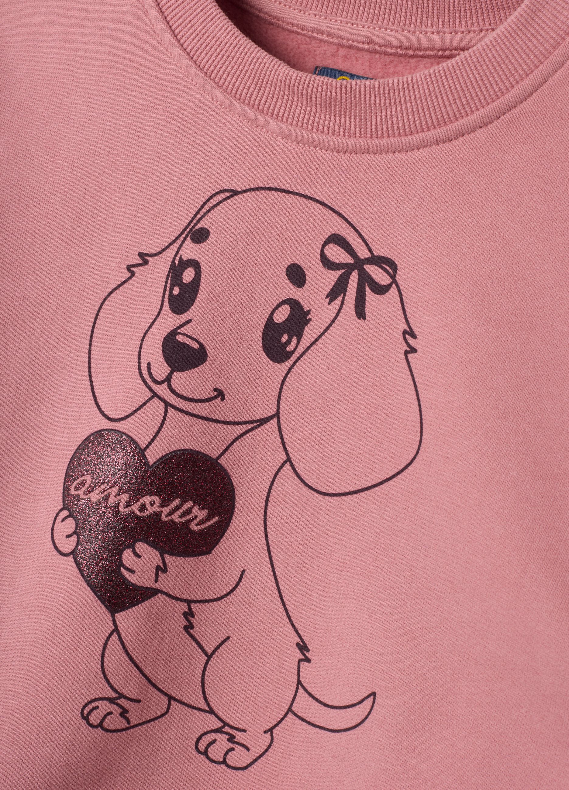 Felpa rosa in puro cotone con girocollo e stampa cagnolino