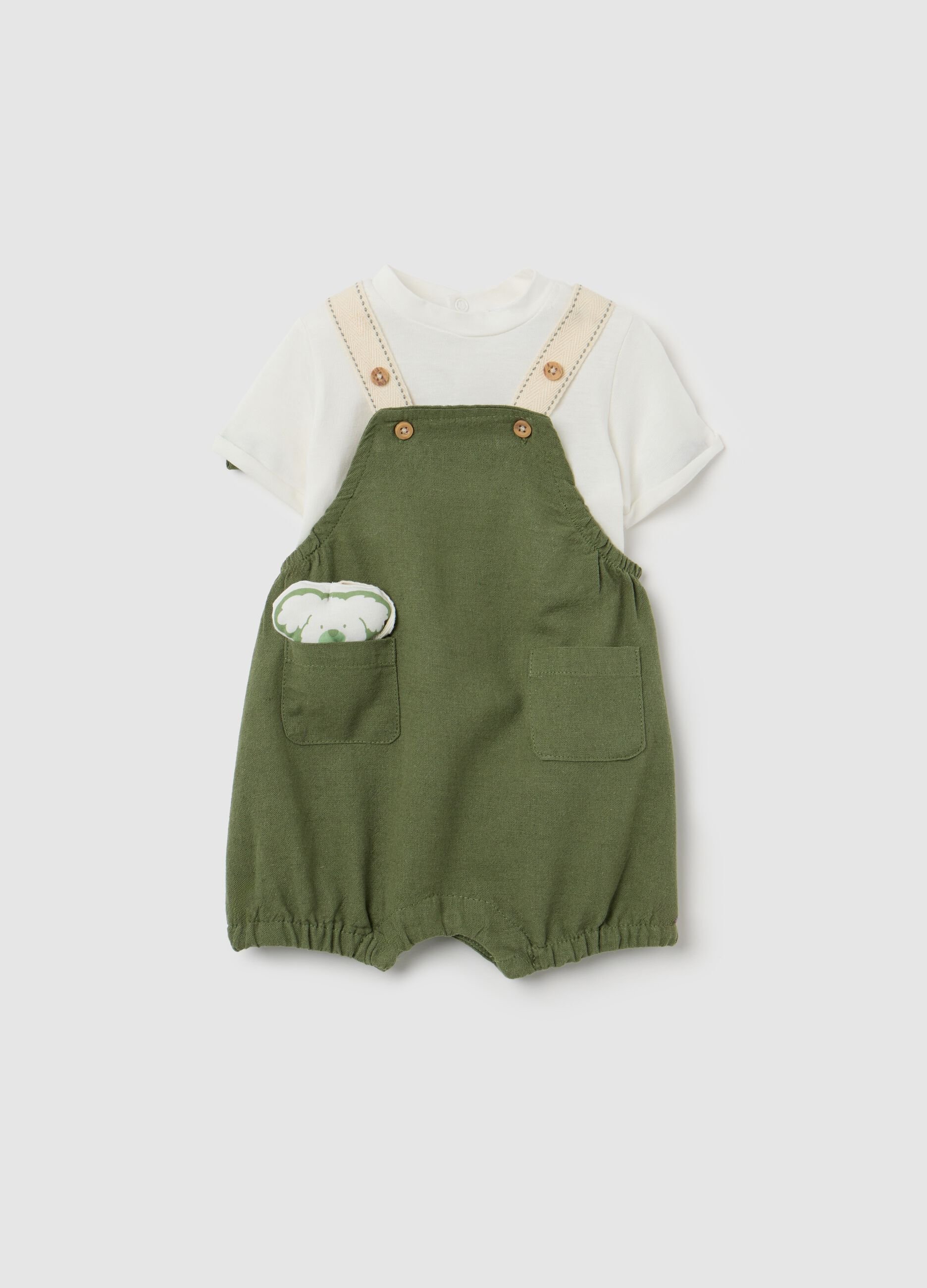 Baby set with green cotton and linen t-shirt and dungarees