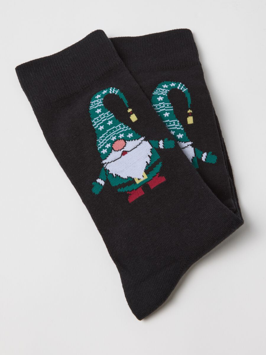 Black short cotton blend socks with Christmas pattern_1