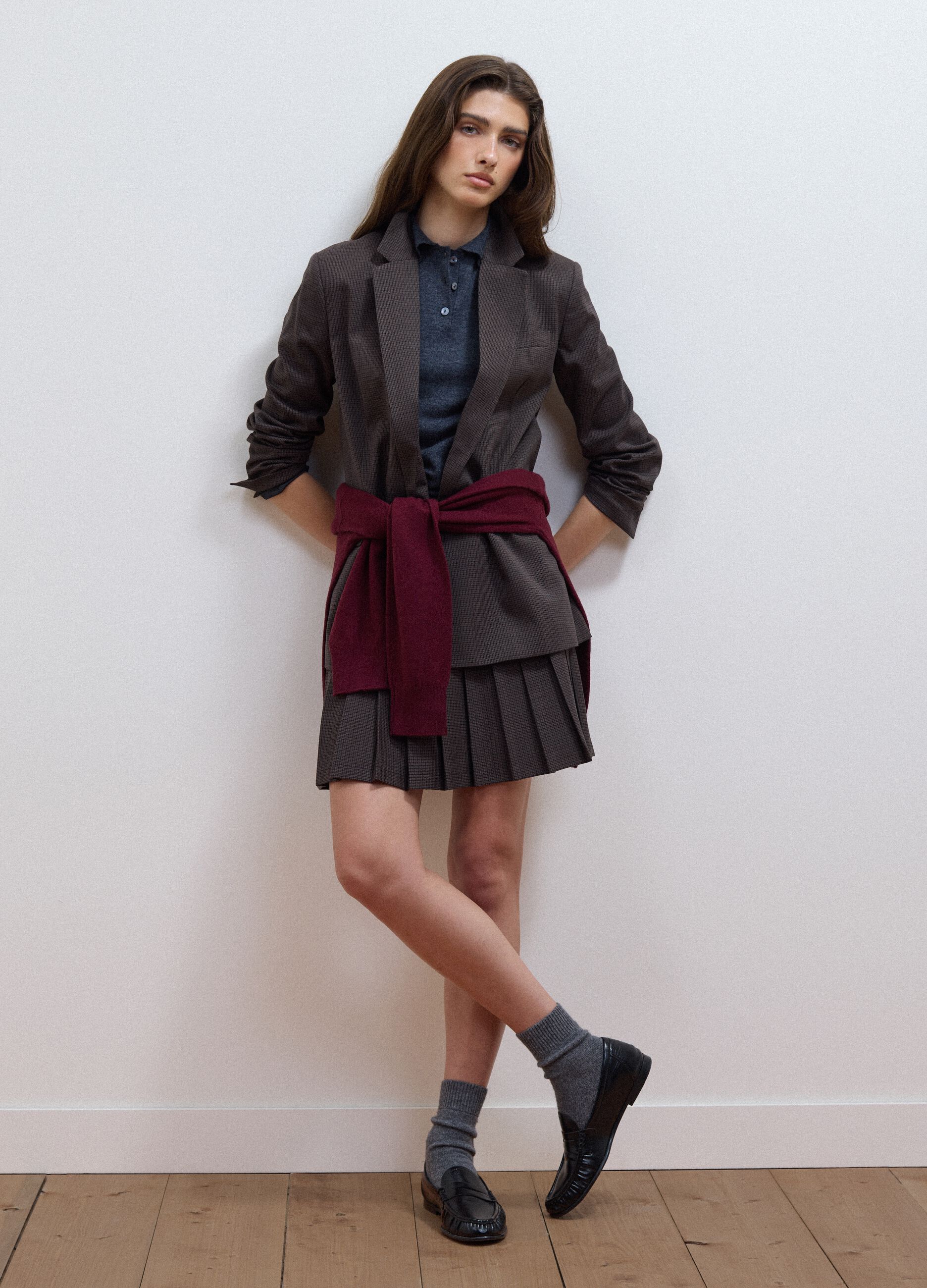 Blazer marrone in viscosa elasticizzata regular fit a microquadri