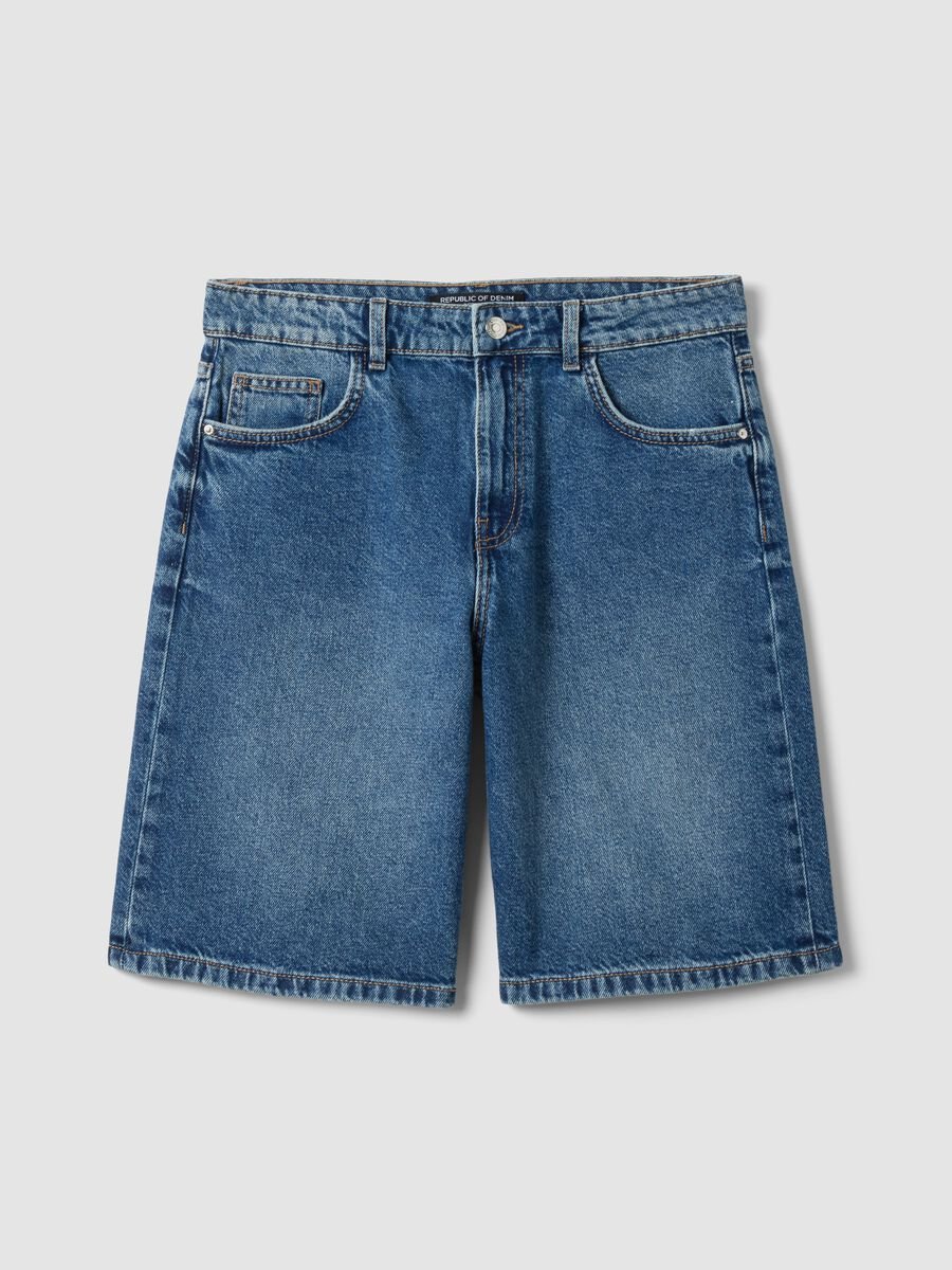 Dark blue denim pure cotton wide-leg shorts_4