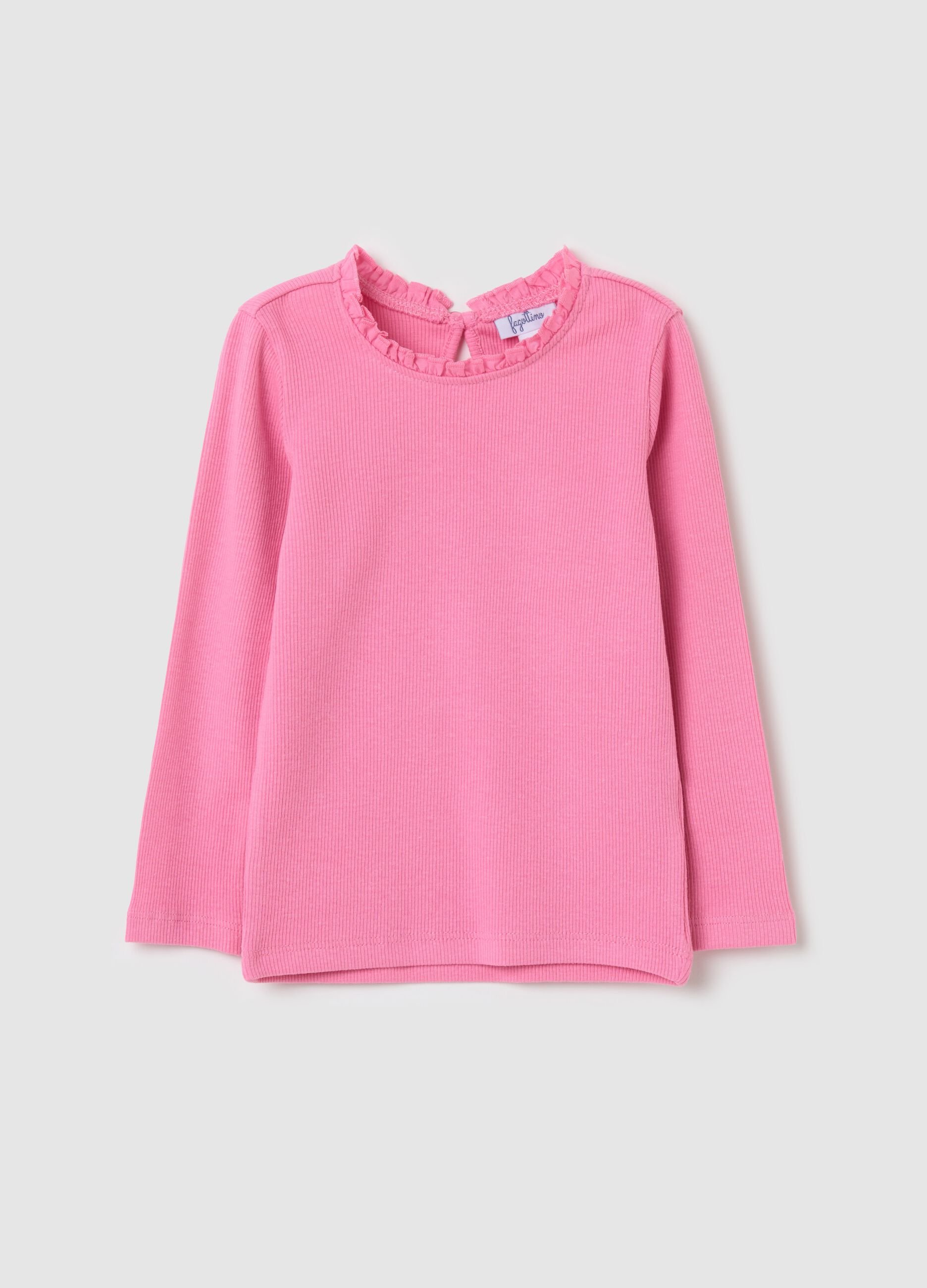 Ribbed T-shirt with long sleeves and frills
