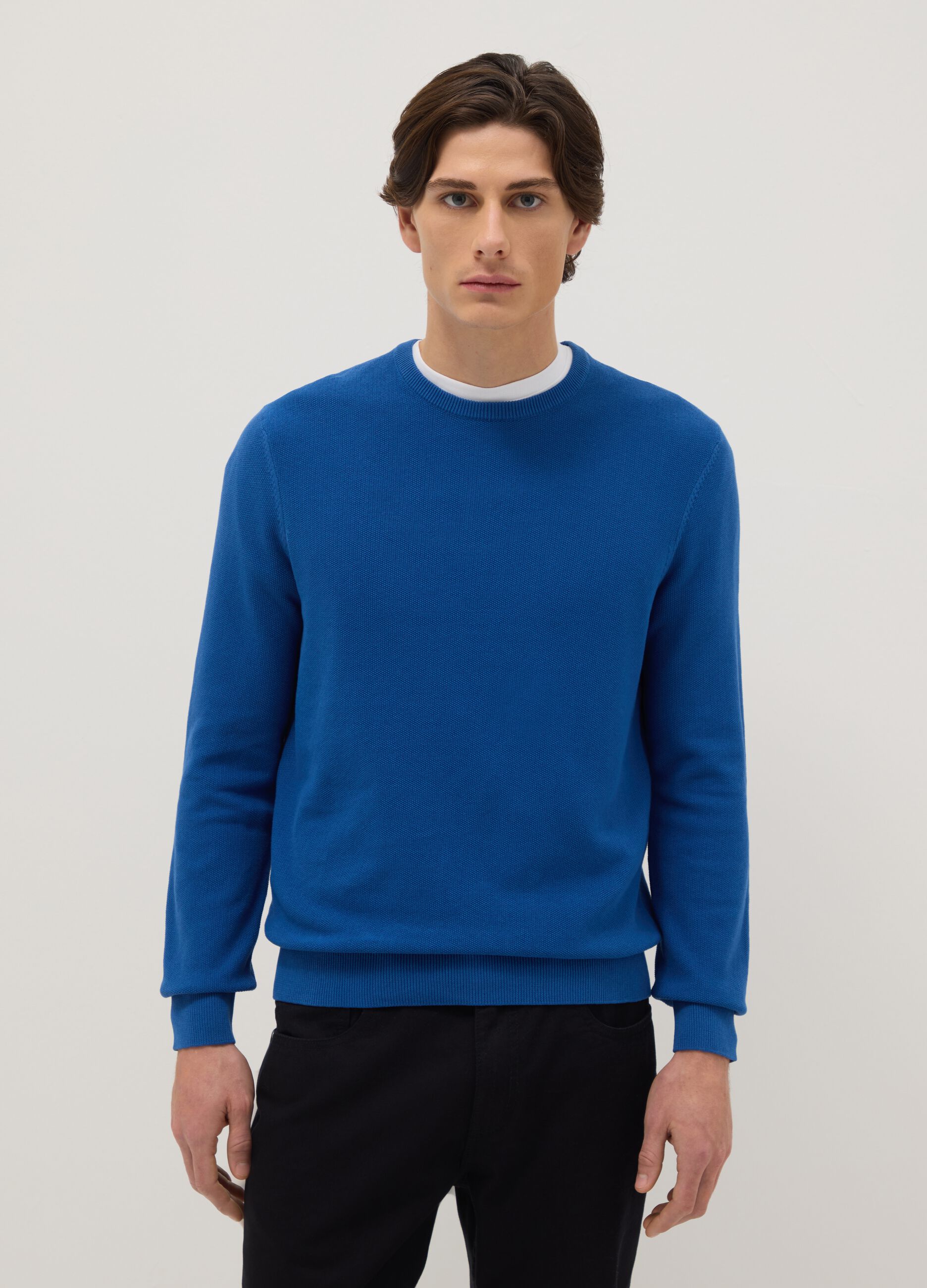 Blue Crew Neck Sweater in Pure Cotton Regular Fit