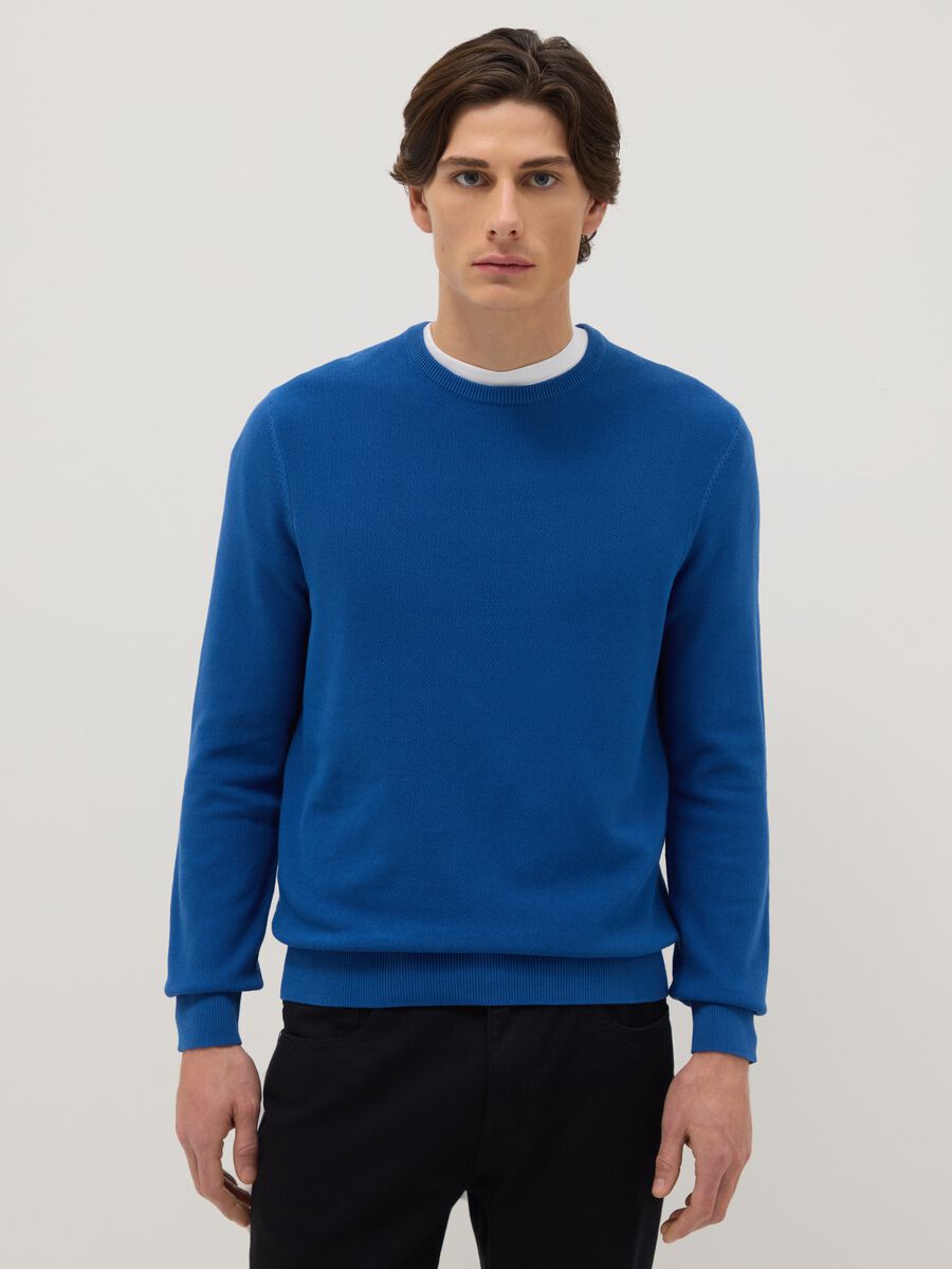 Blue Crew Neck Sweater in Pure Cotton Regular Fit_0