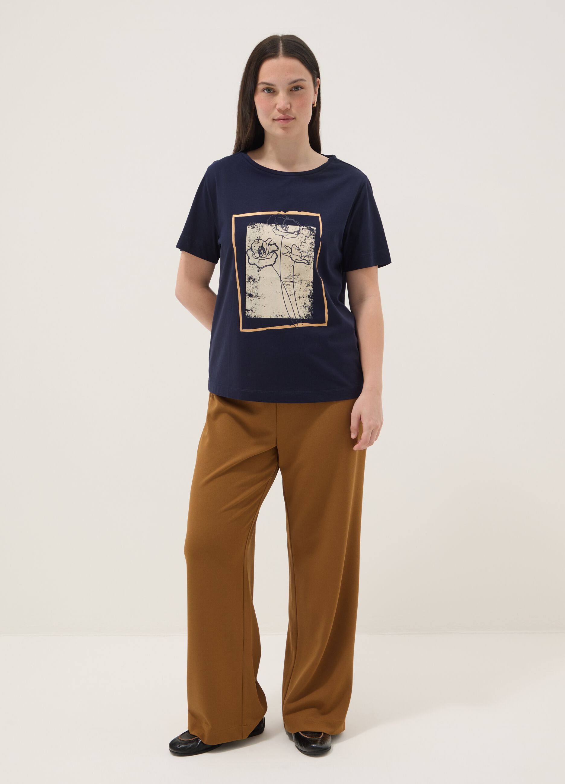 Blue short-sleeve pure cotton printed T-shirt, regular fit
