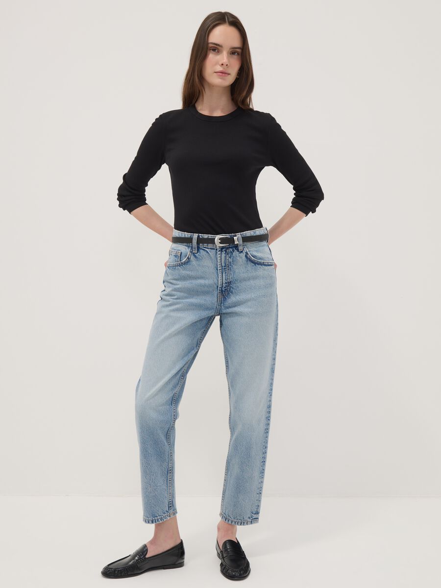 Jeans denim mom fit in puro cotone a vita alta_0