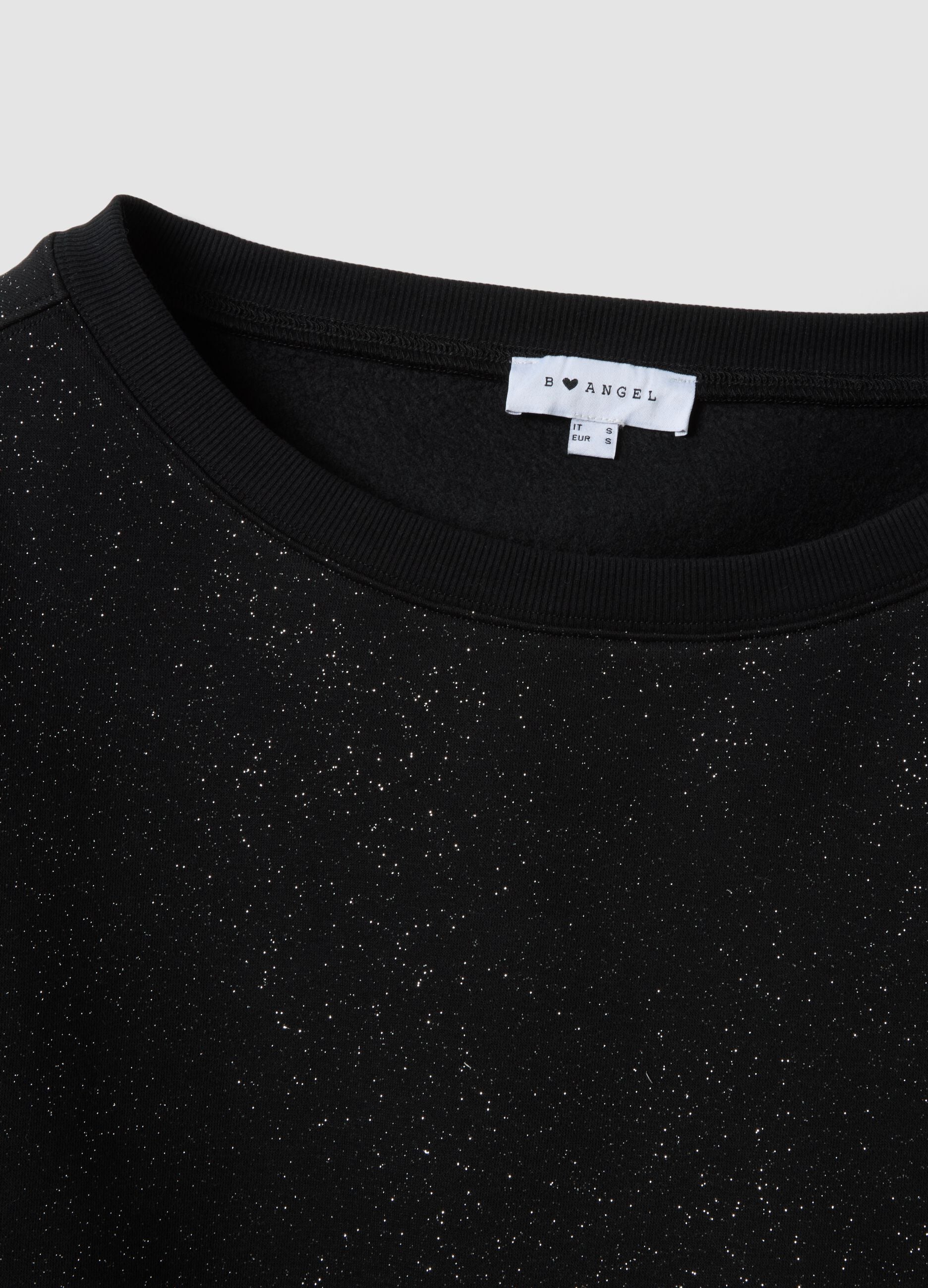 Black cotton-blend sweatshirt with boat neckline and glitter