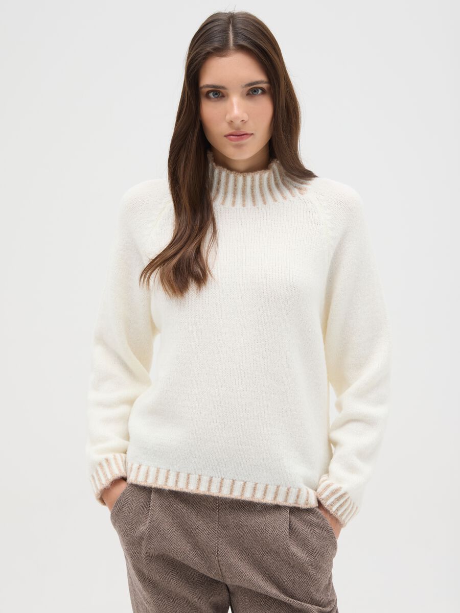 White regular fit jumper with ribbed collar and cut-out details_0