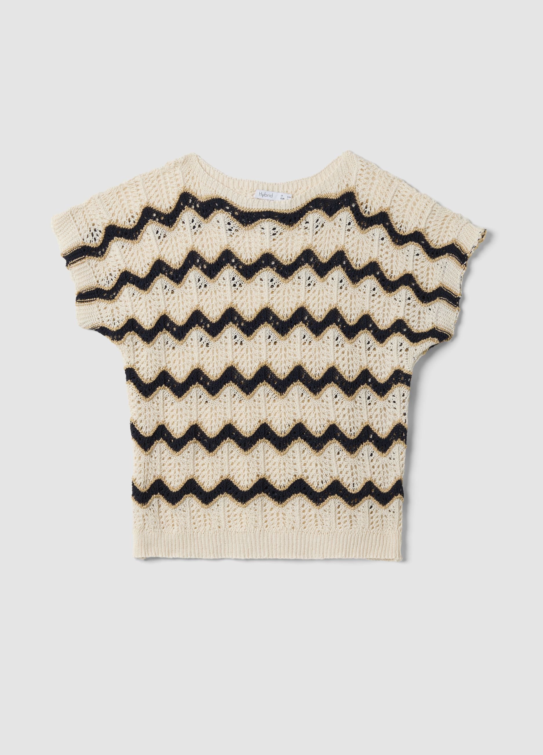 Beige stretch cotton T-shirt with openwork detailing