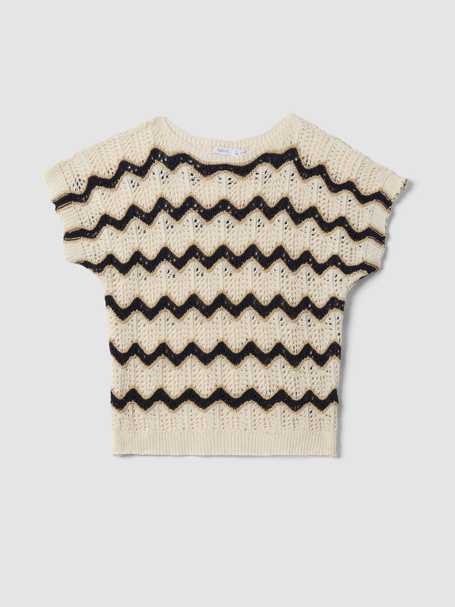 Beige stretch cotton T-shirt with openwork detailing_0