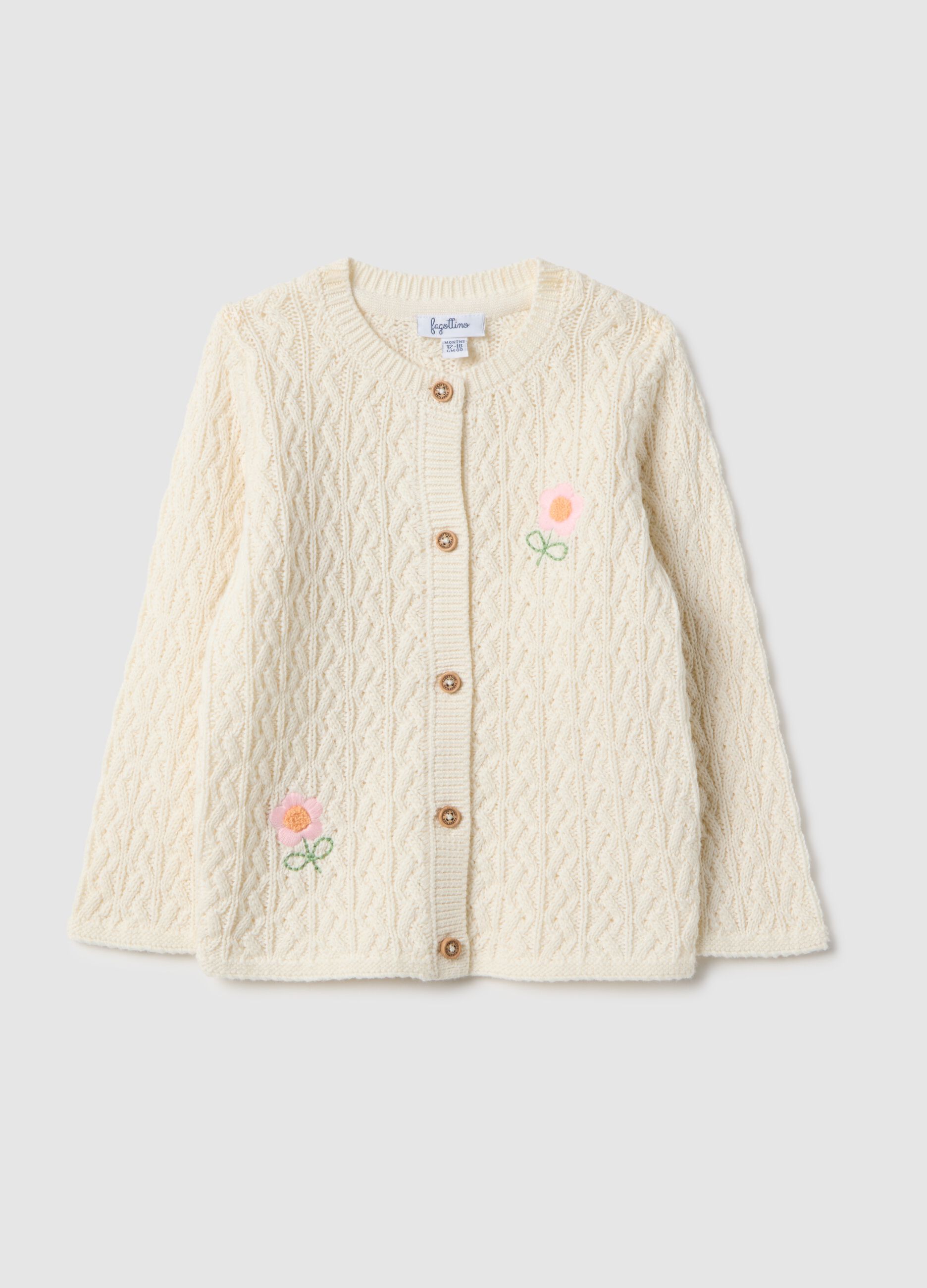 Girls' beige pure cotton cardigan with regular fit and embroidery