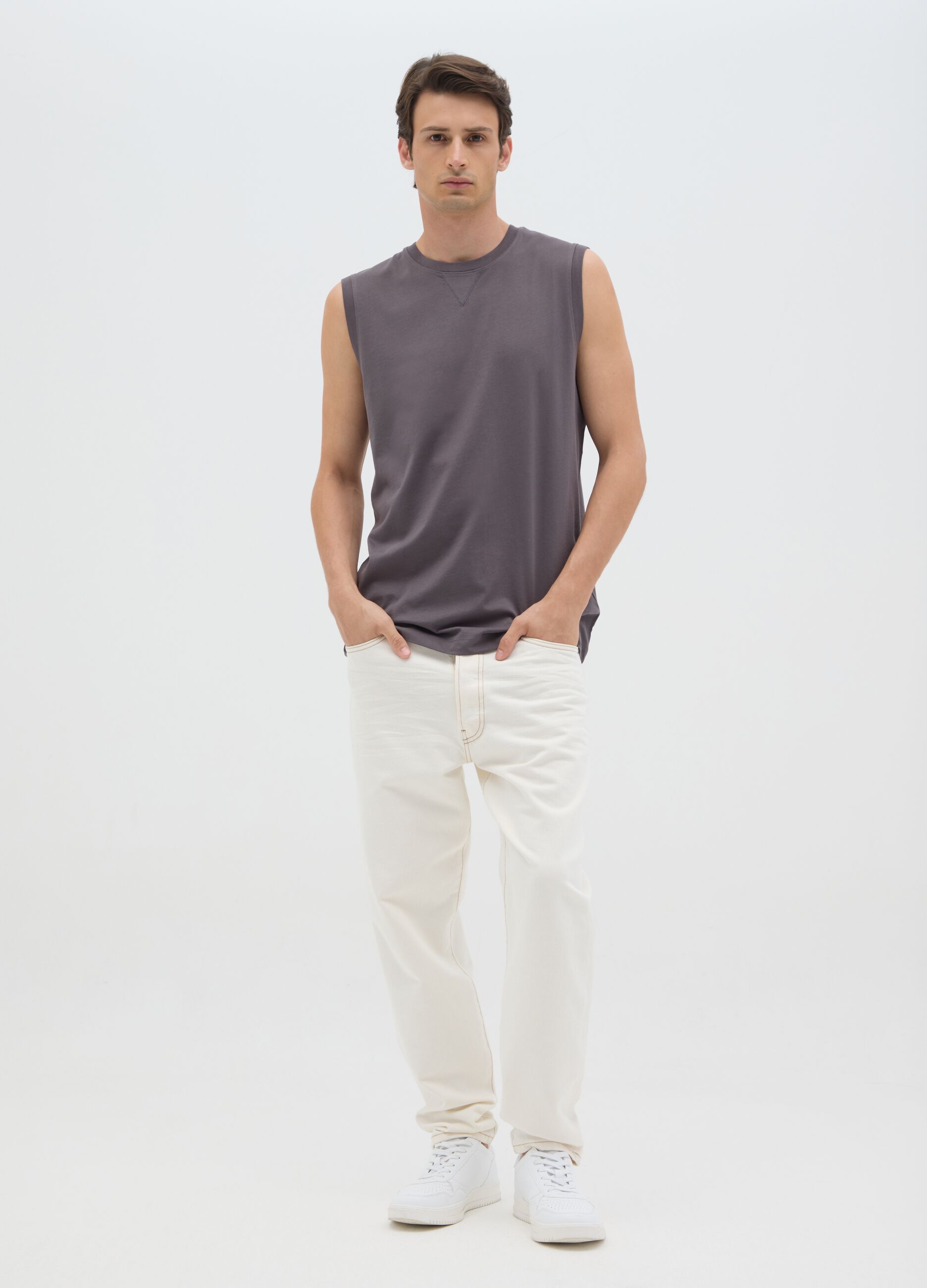Men's grey pure cotton tank top regular fit