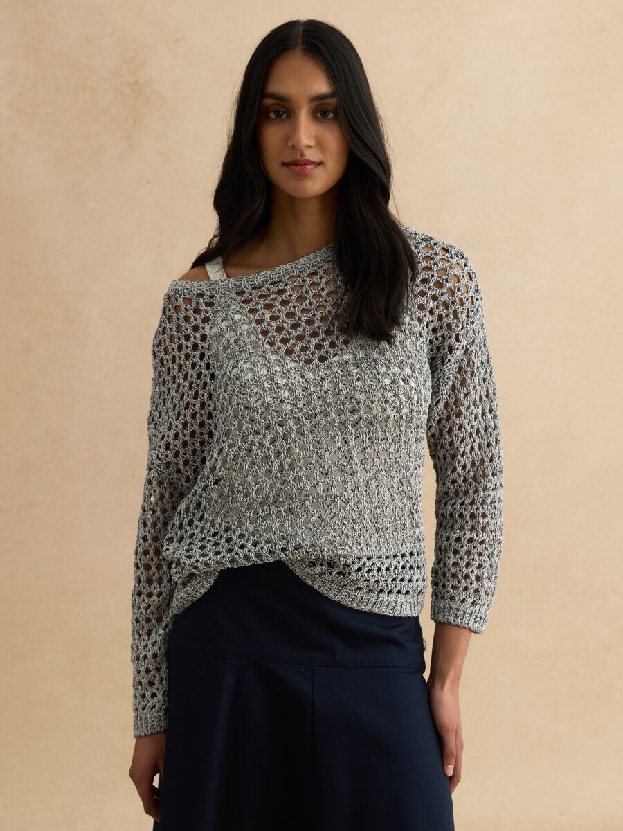 Maglione grigio in misto cotone con trama a rete_1
