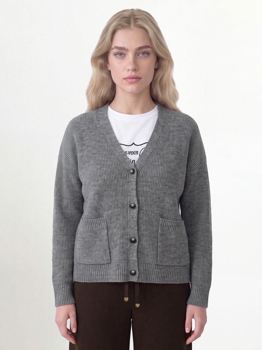 Cardigan grigio in tessuto elasticizzato con scollo profondo a V_1