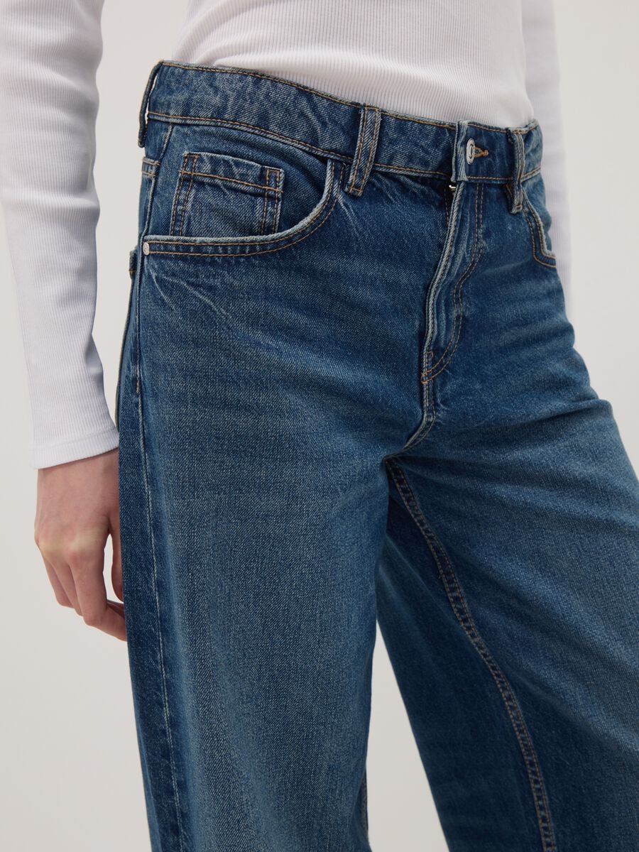 Blue pure cotton low-rise wide-leg jeans_3