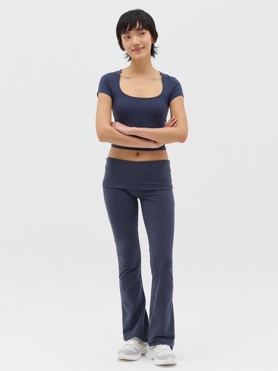 Blue flare-fit leggings with striped fold at the waist_0