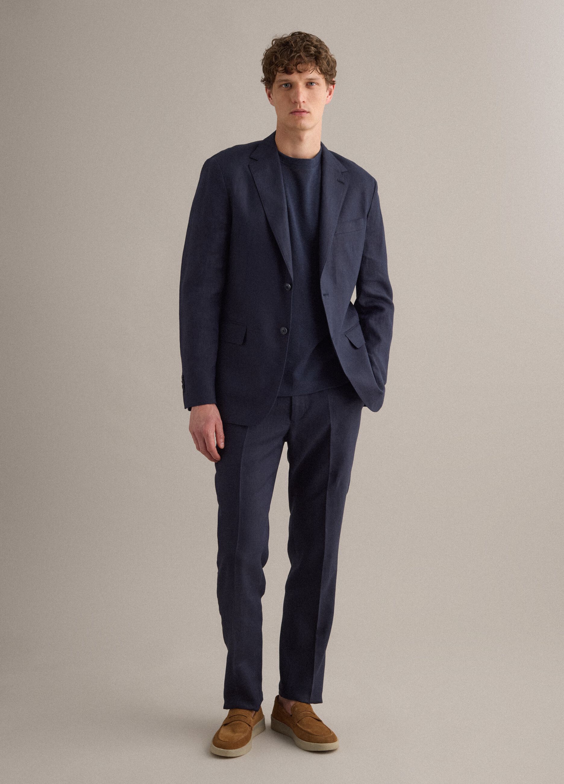 Regular fit pure blue linen trousers