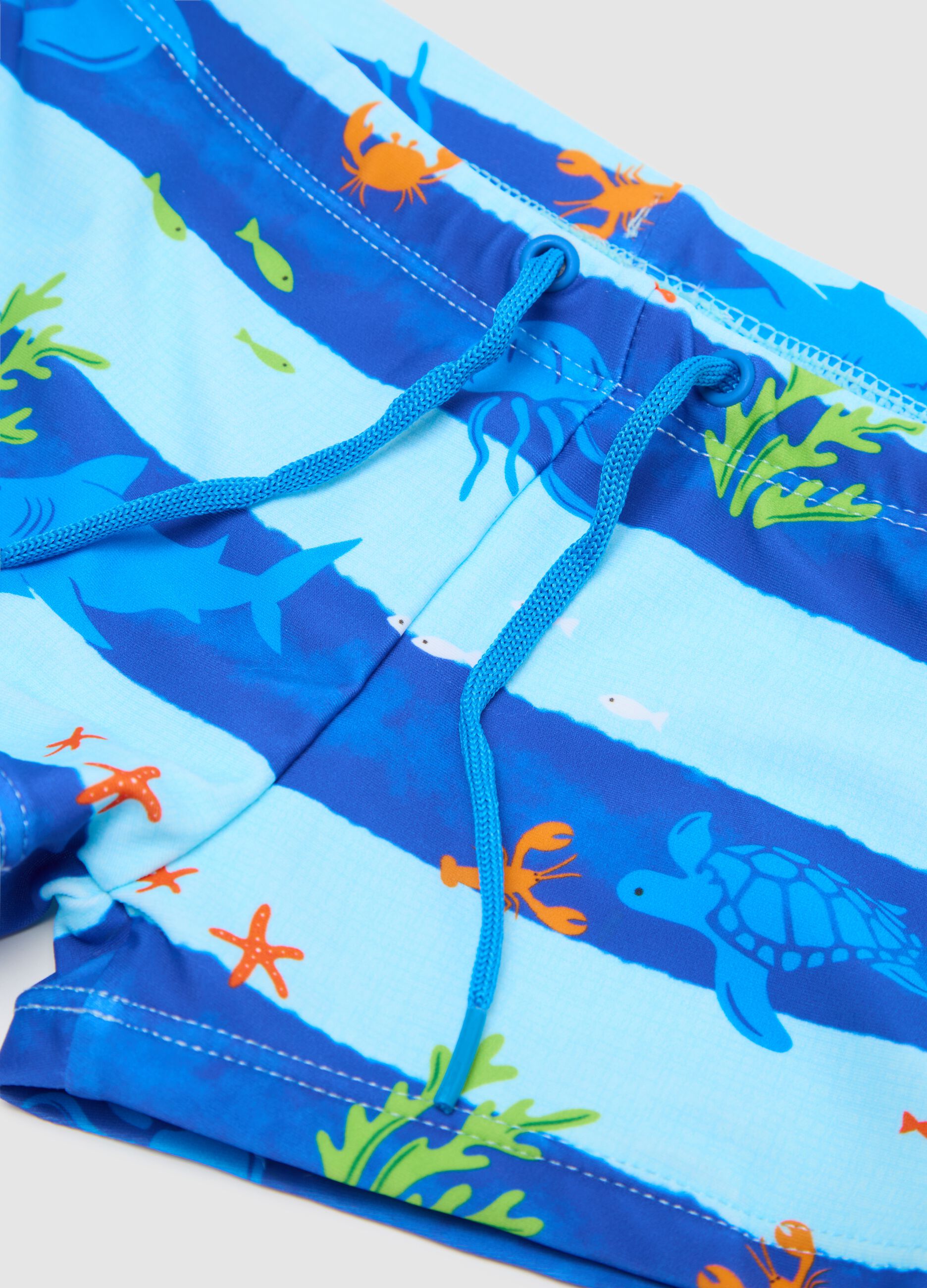 Striped Brief Swimsuit for Kids with Marine Print