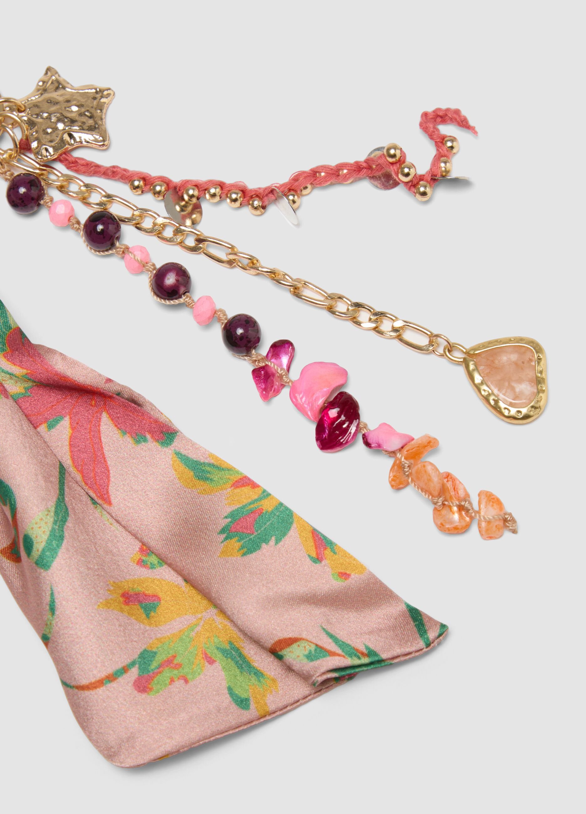 Pink keyring with floral scarf and charms