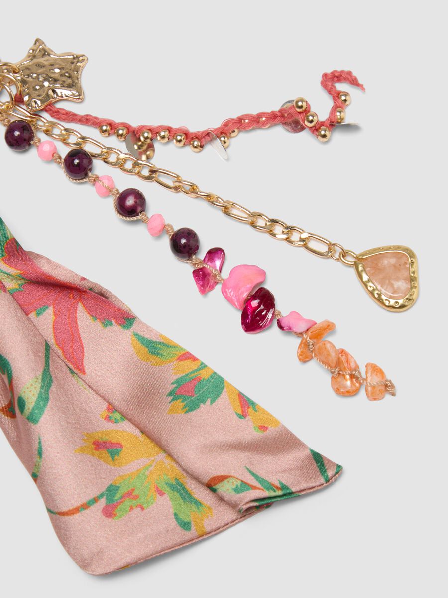 Pink keyring with floral scarf and charms_1