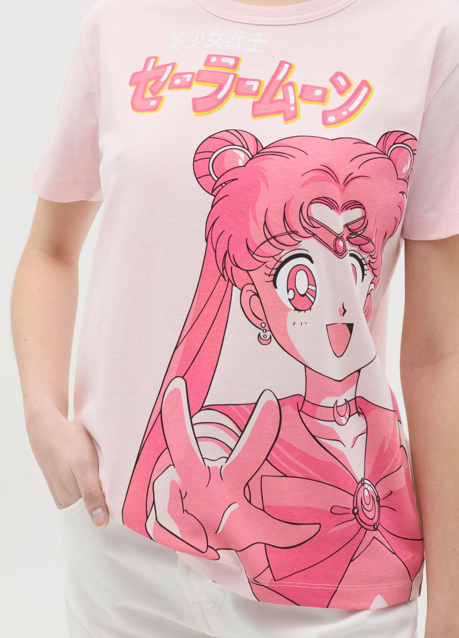 T-shirt rosa in cotone con stampa Sailor Moon