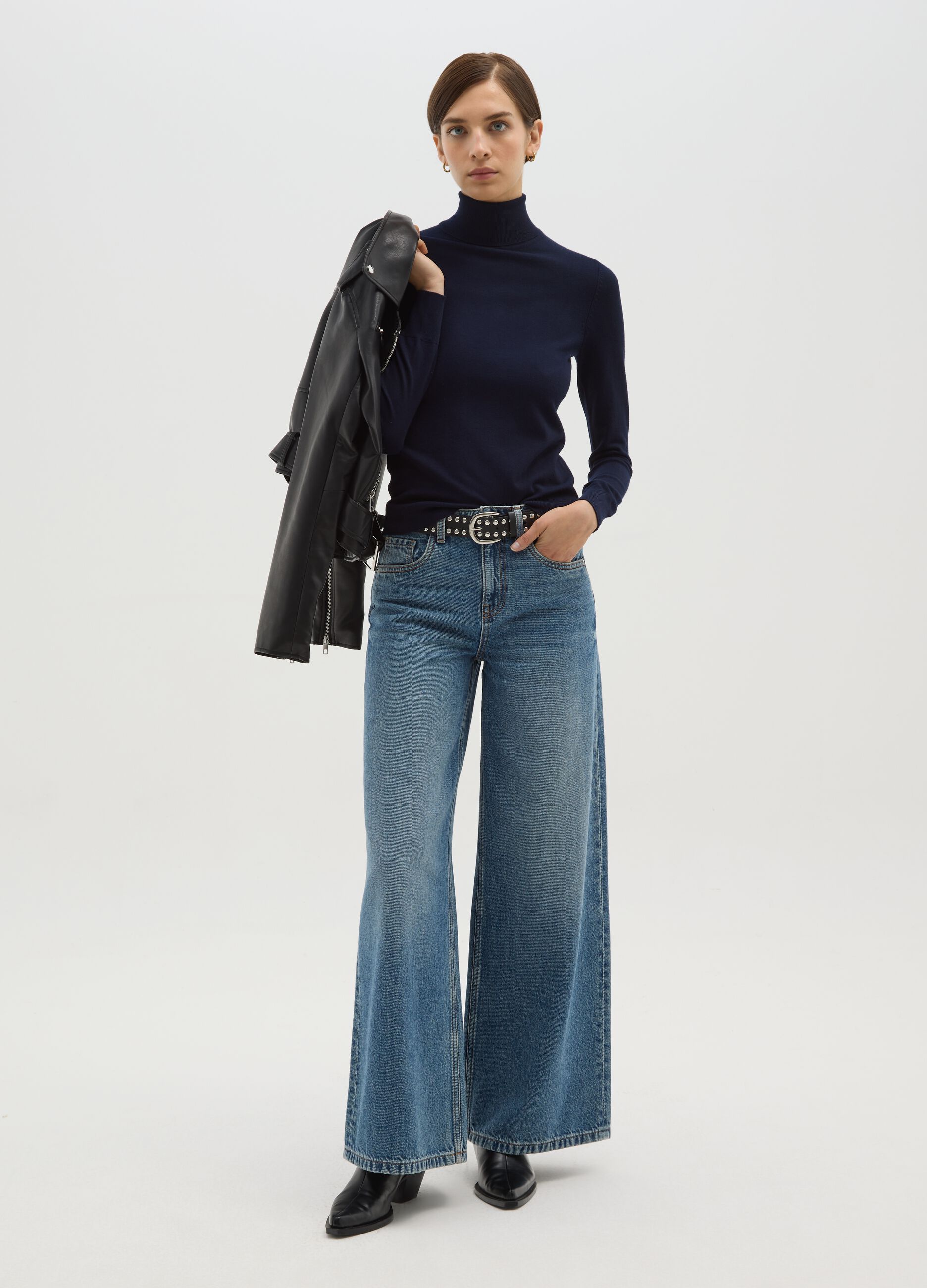 Blue Ribbed Regular Fit Turtleneck Jumper
