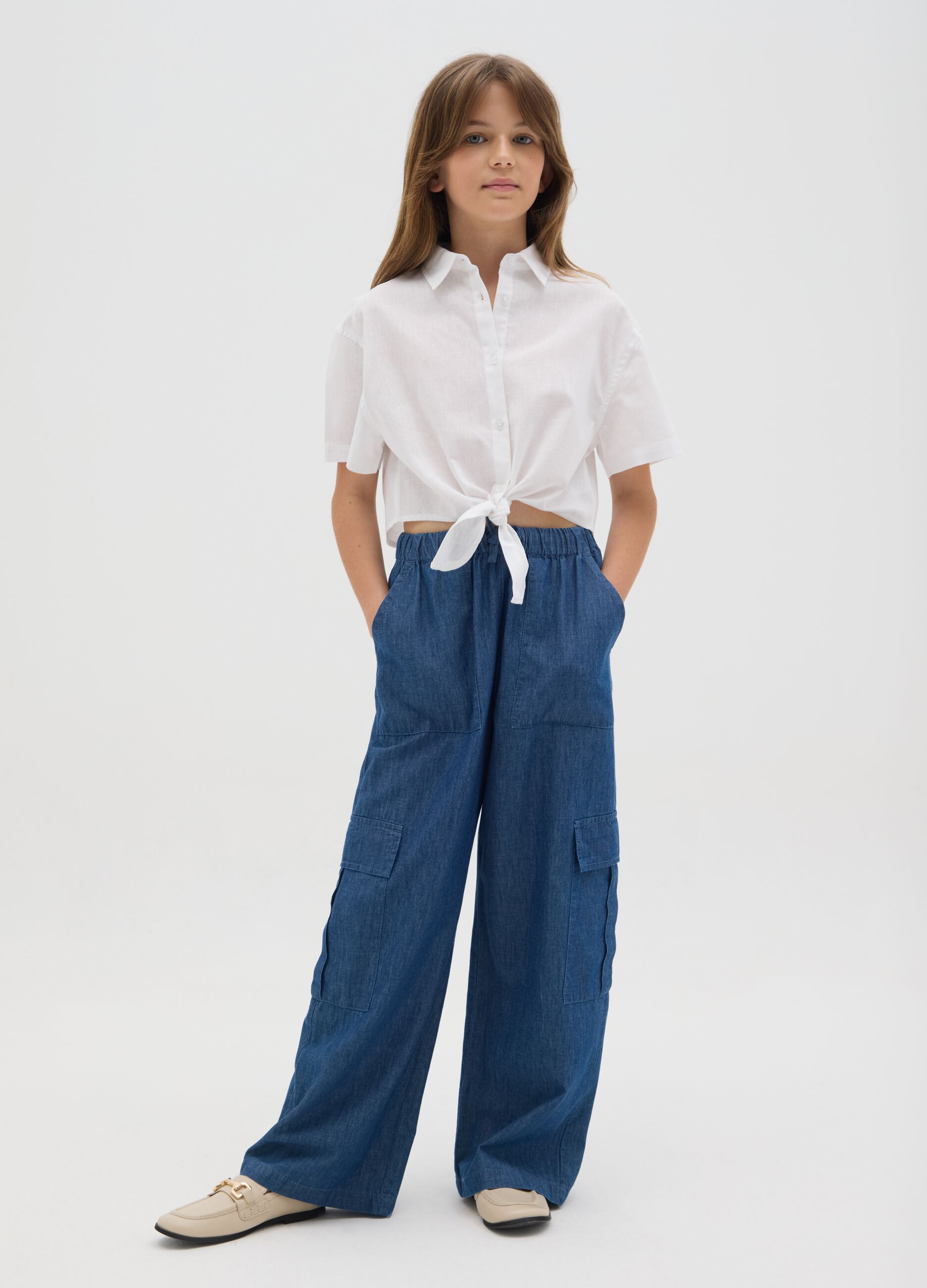 Girls' wide blue cargo trousers in pure cotton