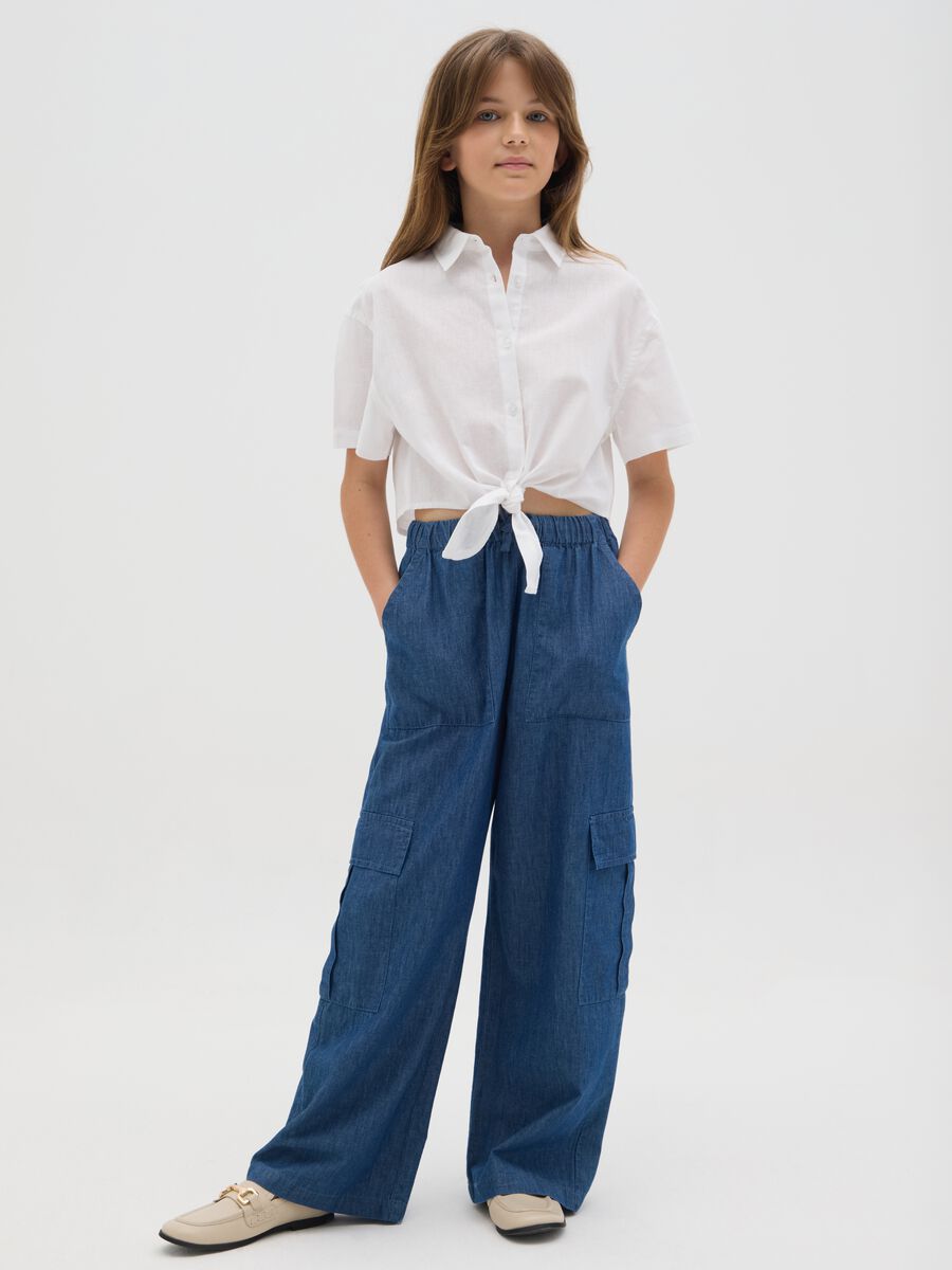 Girls' wide blue cargo trousers in pure cotton_1