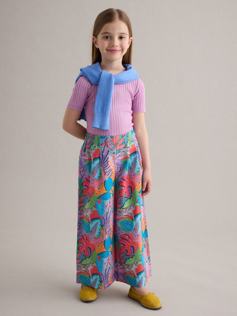 Pantaloni palazzo multicolor a fiori in puro cotone da bambina_0