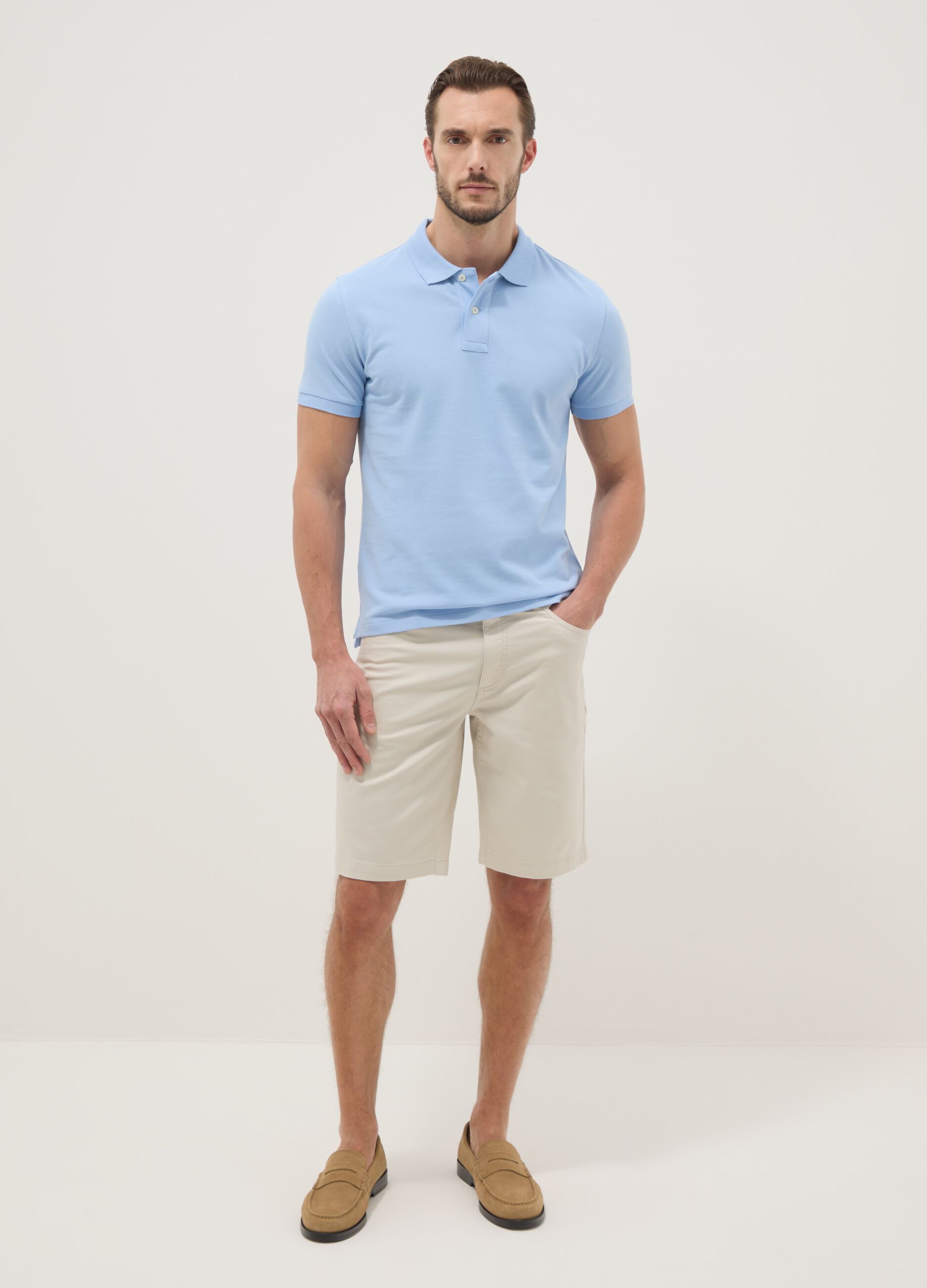 Beige stretch-cotton five-pocket Bermuda shorts