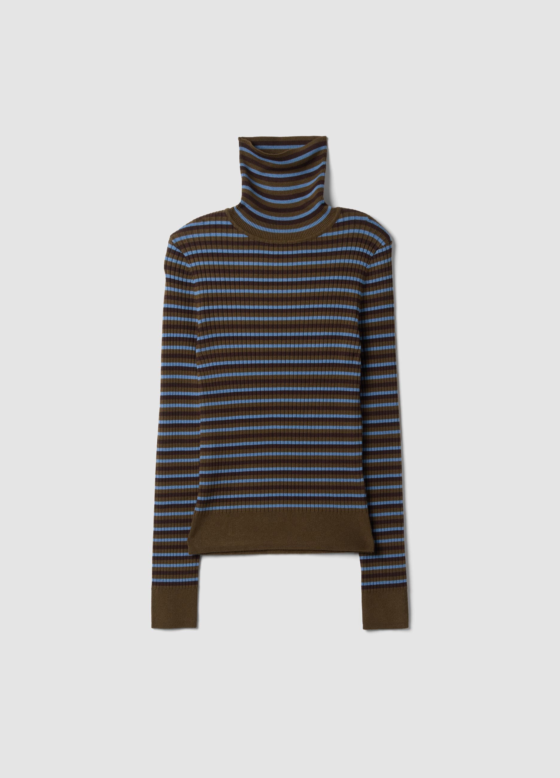 Brown striped fitted crew-neck jumper in viscose blend