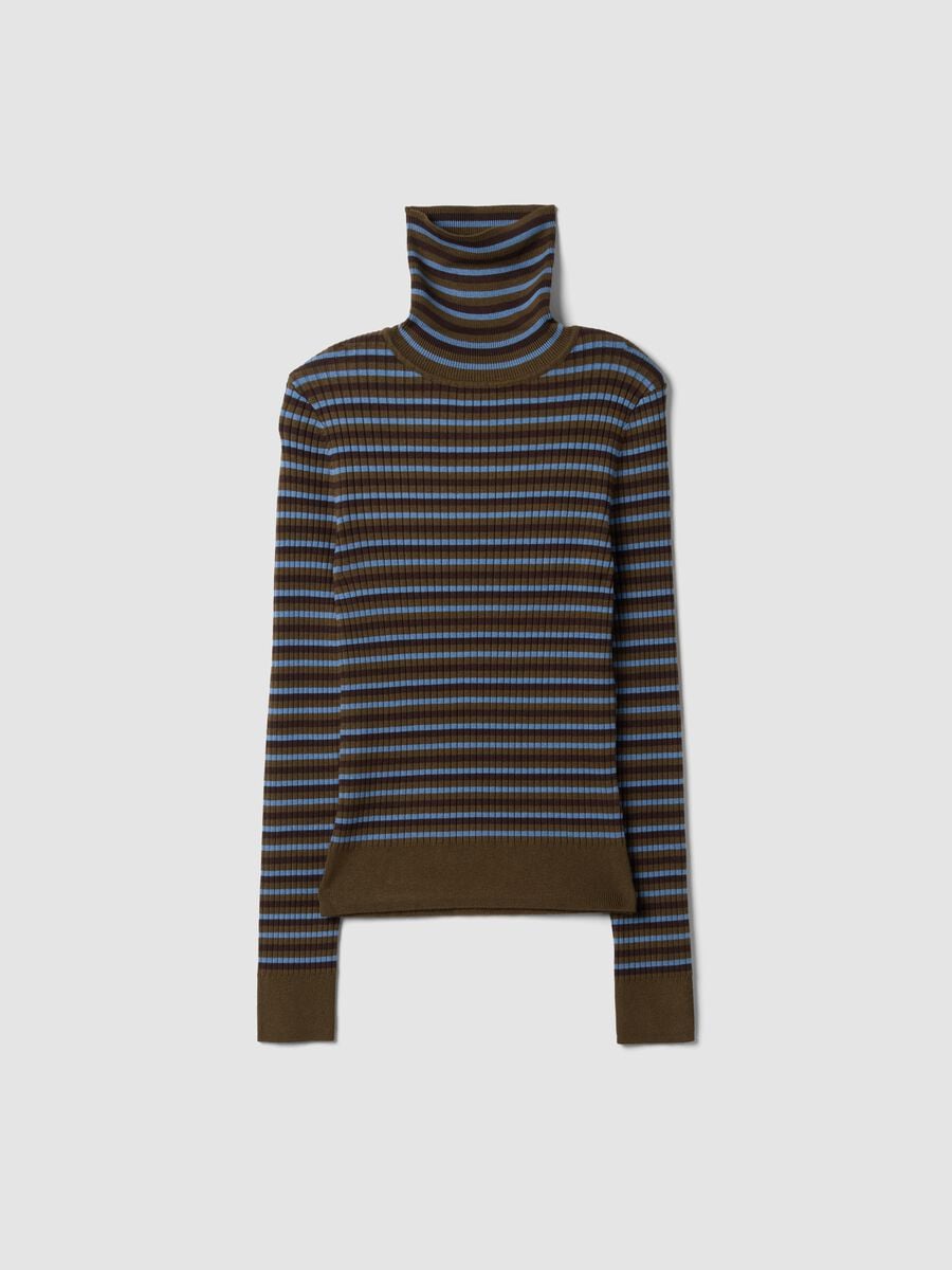 Brown striped fitted crew-neck jumper in viscose blend_0