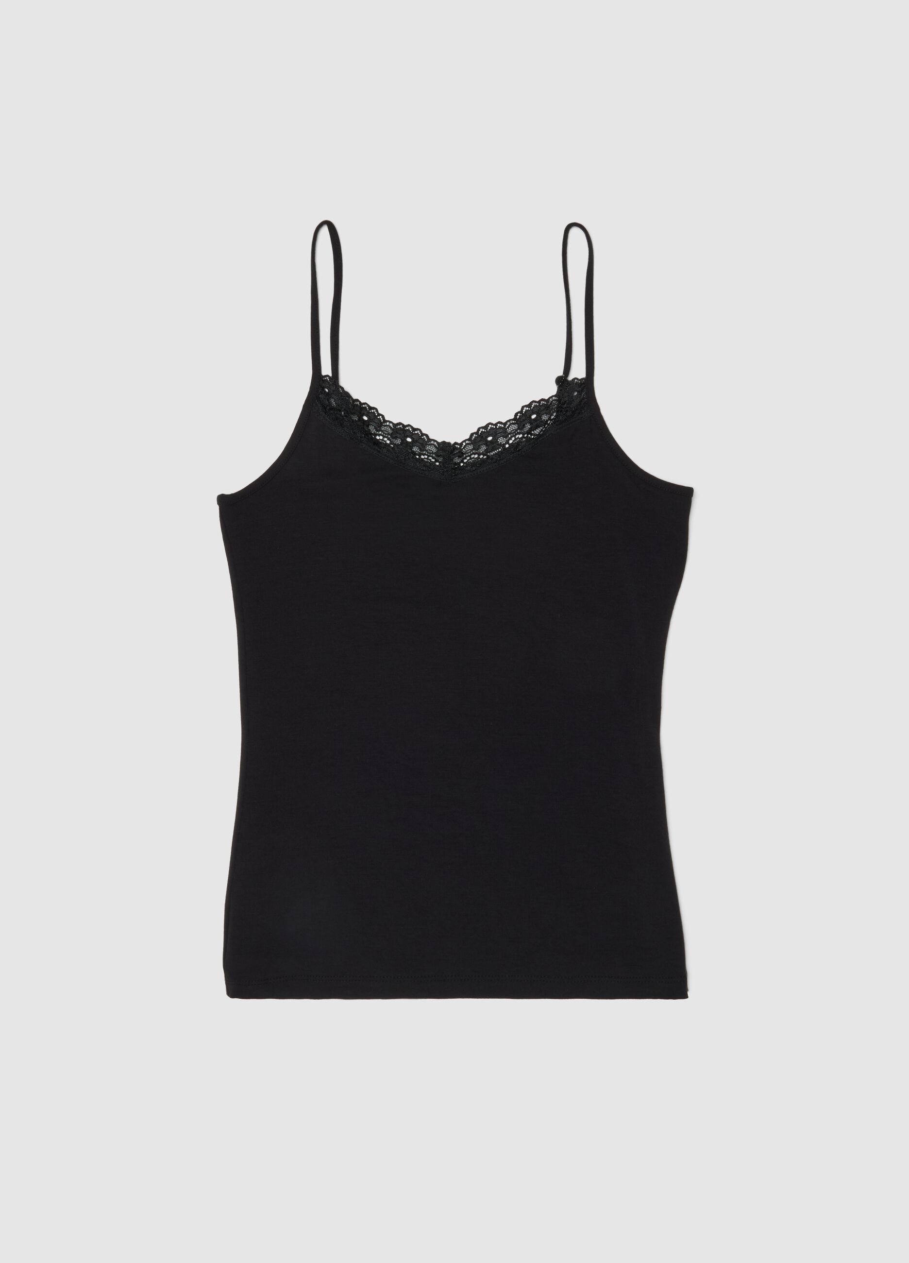 Canottiera in viscosa elasticizzata nera slim fit con pizzo