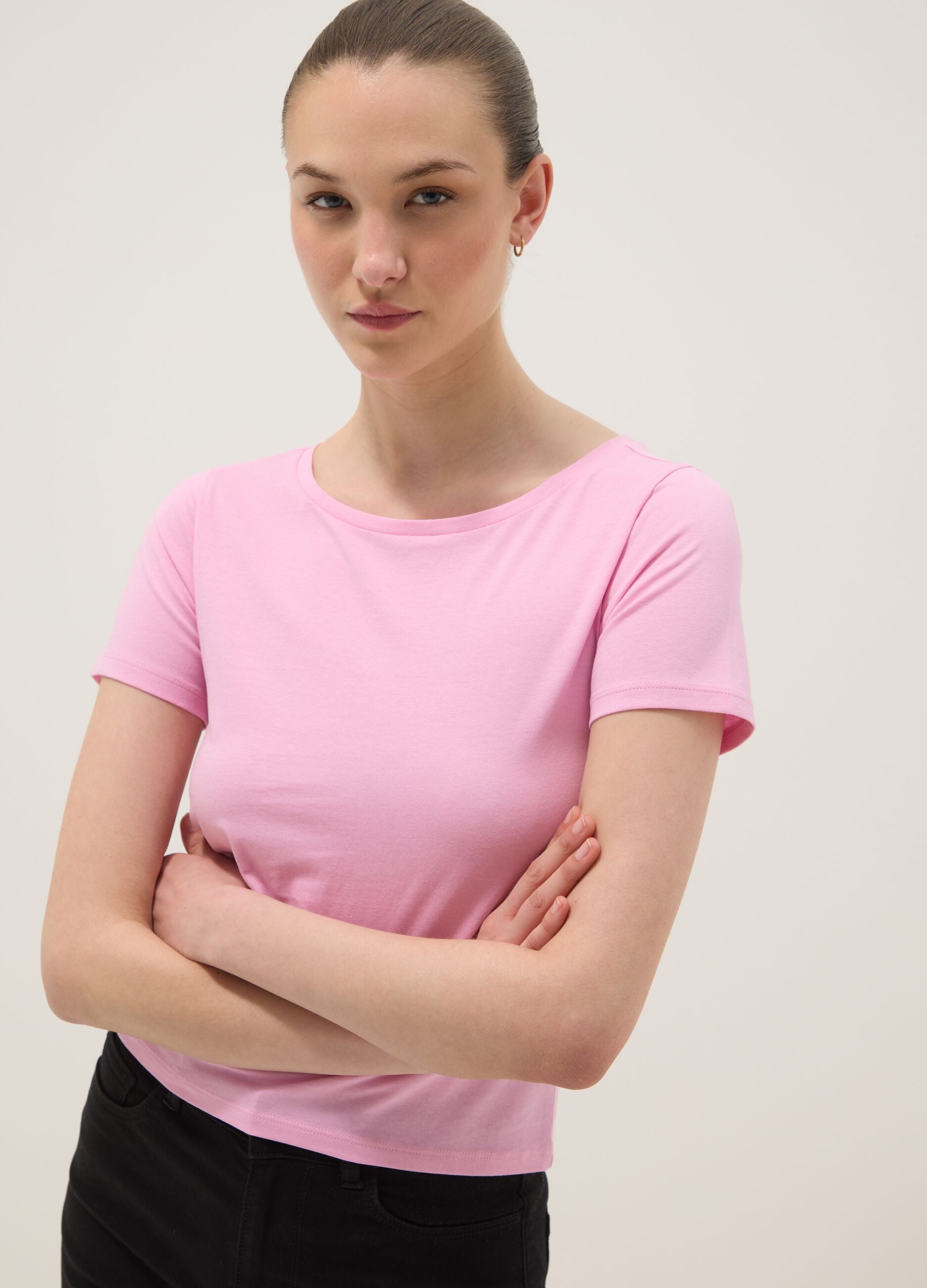 Pink pure cotton T-shirt with crew neck