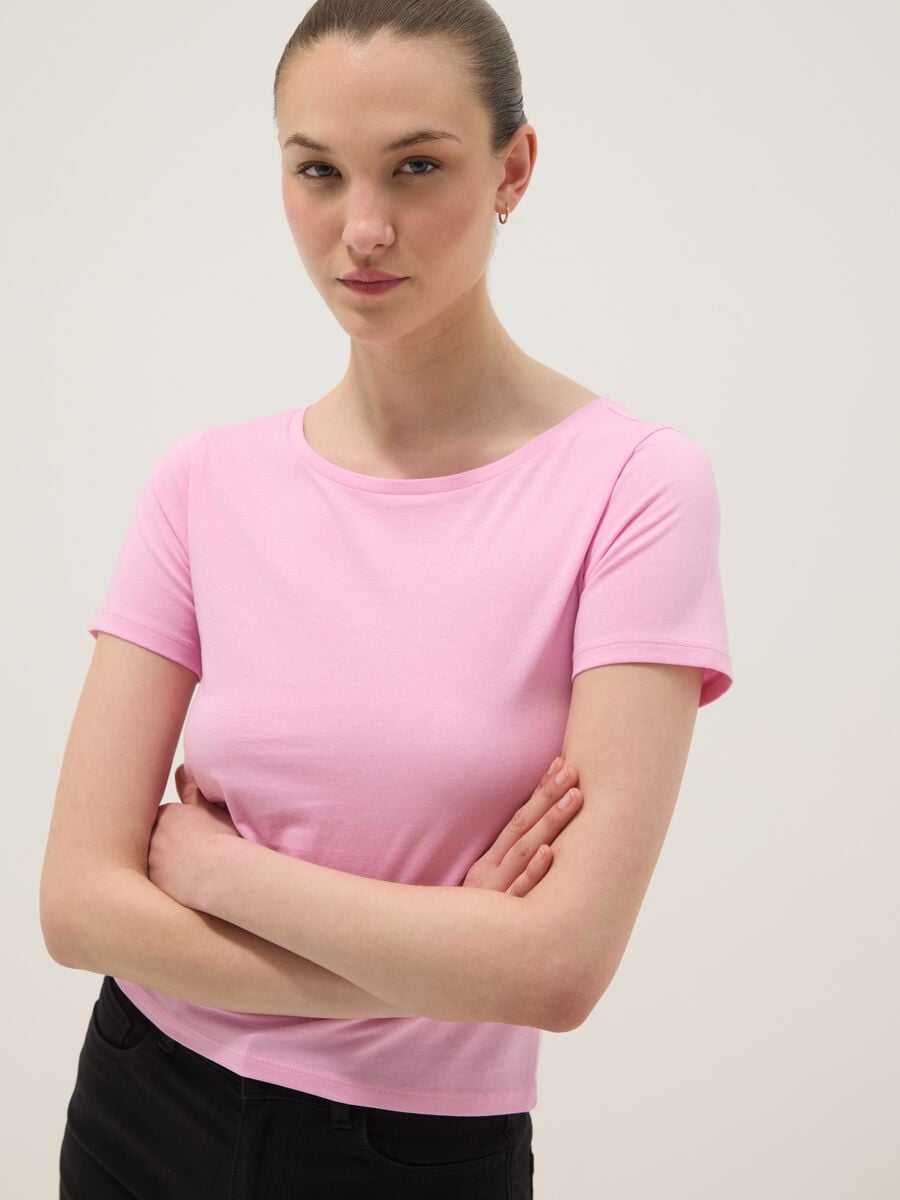 T-shirt rosa in puro cotone con scollo rotondo_0
