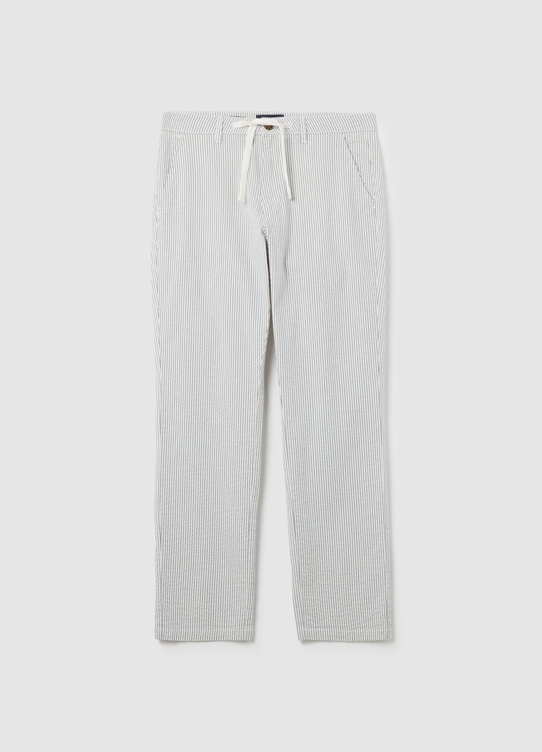 Seersucker chino trousers with white and grey stripes