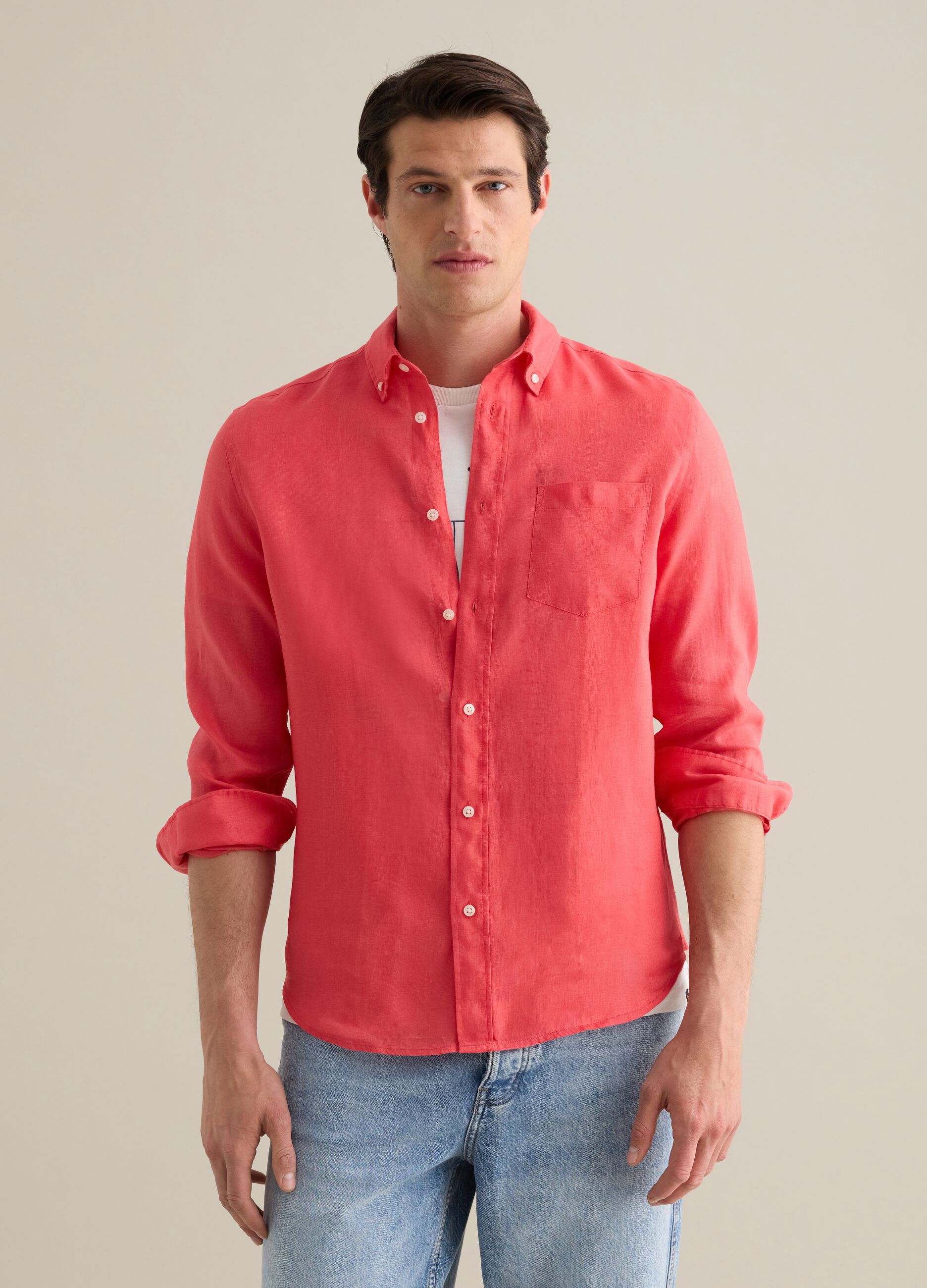 Camicia da uomo in puro lino rosa regular fit con colletto button down