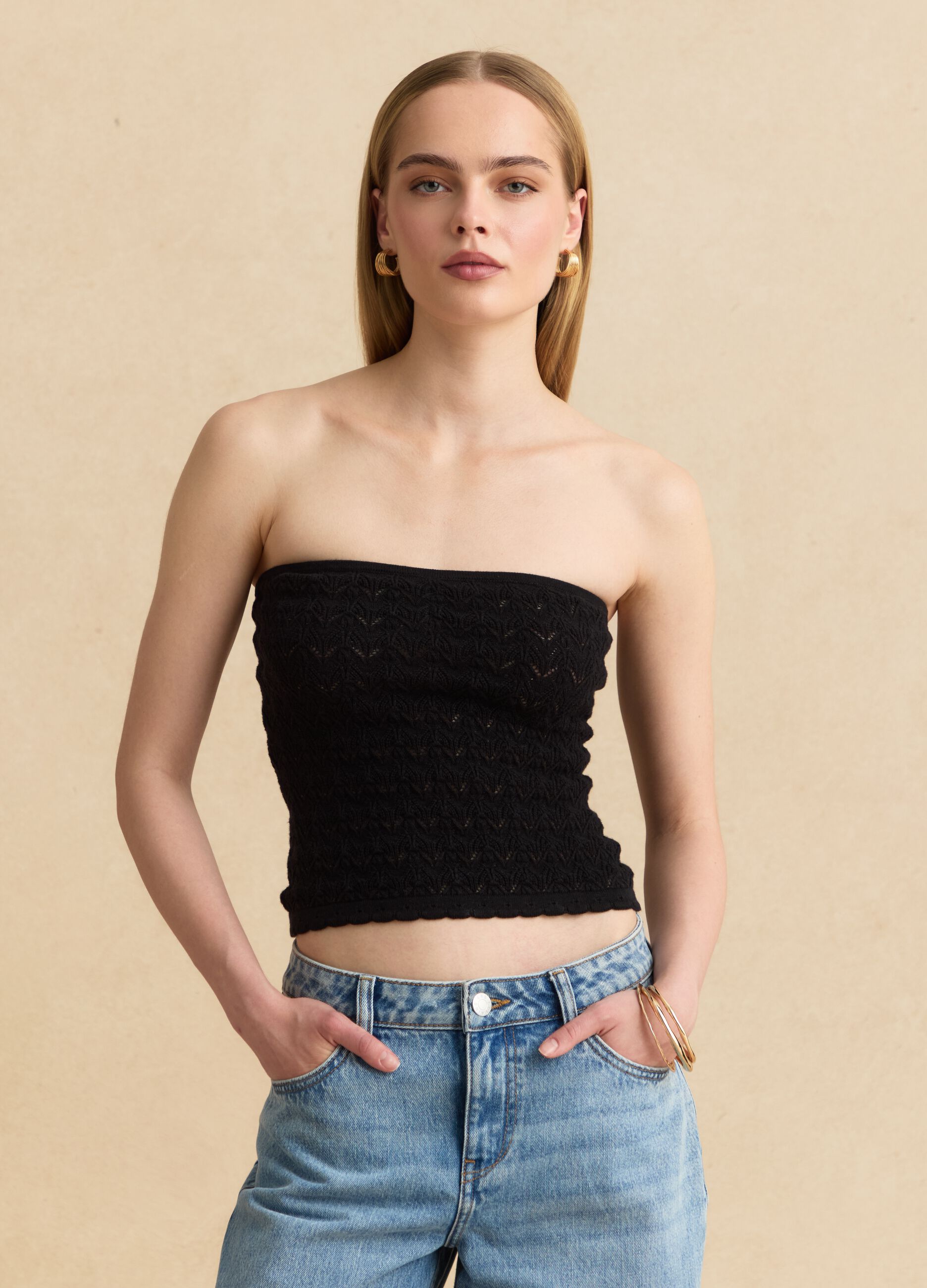 Black pure cotton bandeau knit top