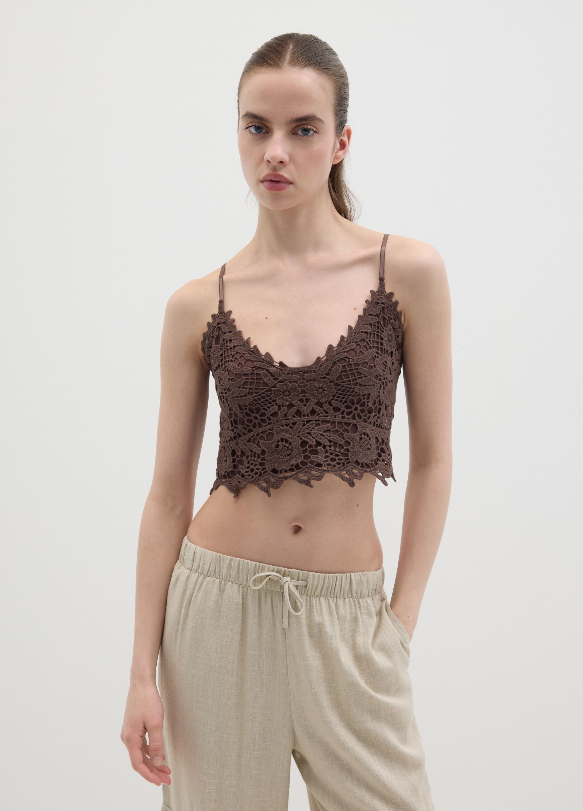 Brown Cotton Lace Tank Top
