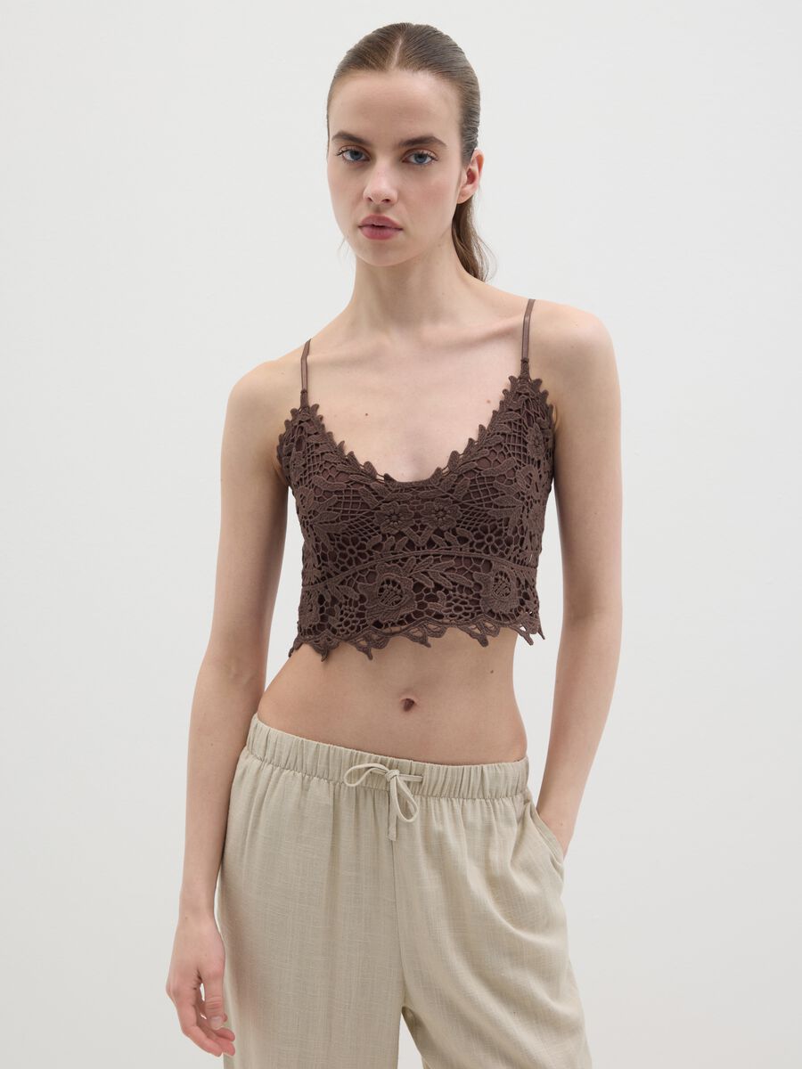 Brown Cotton Lace Tank Top_0