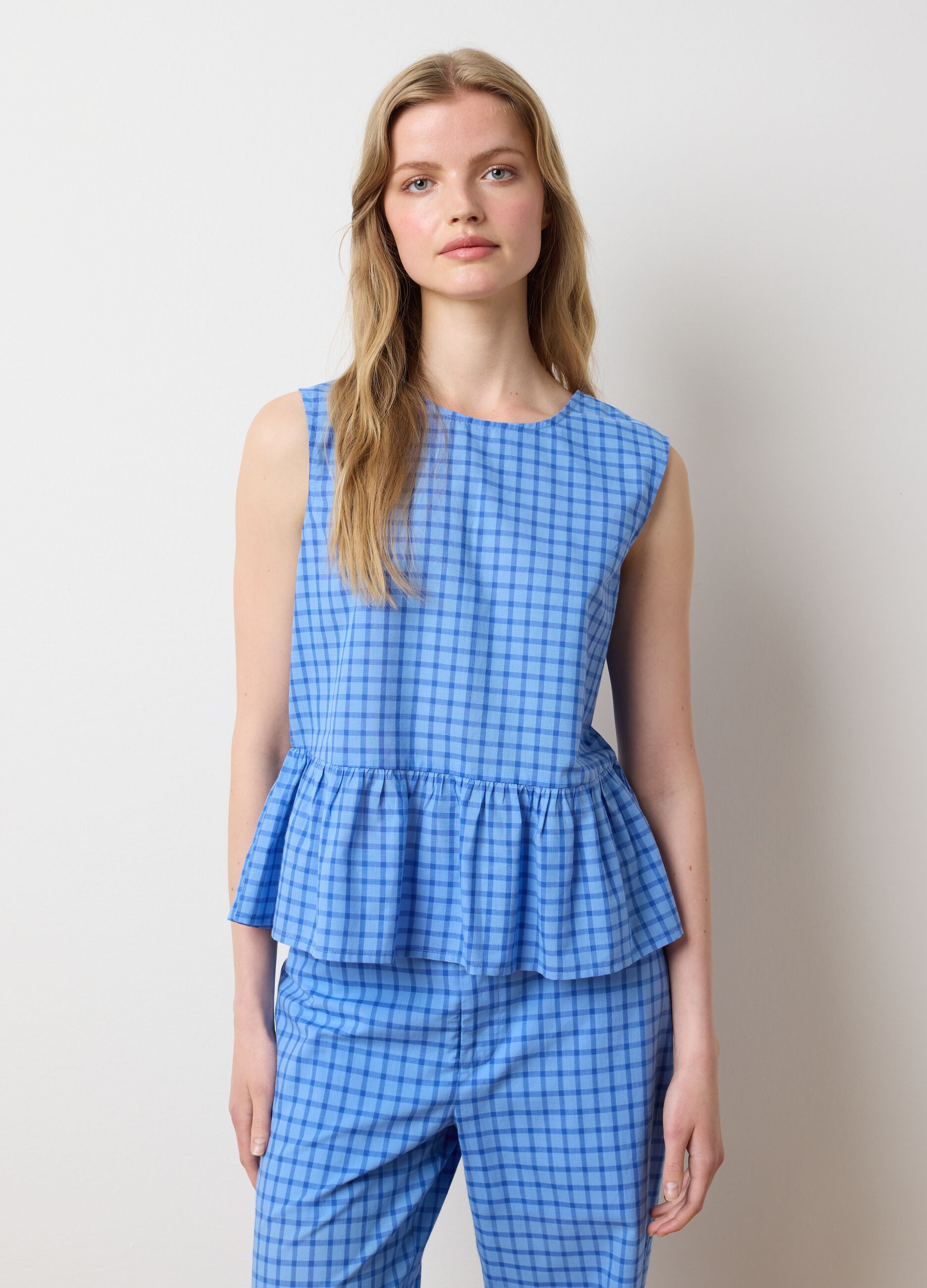 Top da donna in puro cotone azzurro regular fit