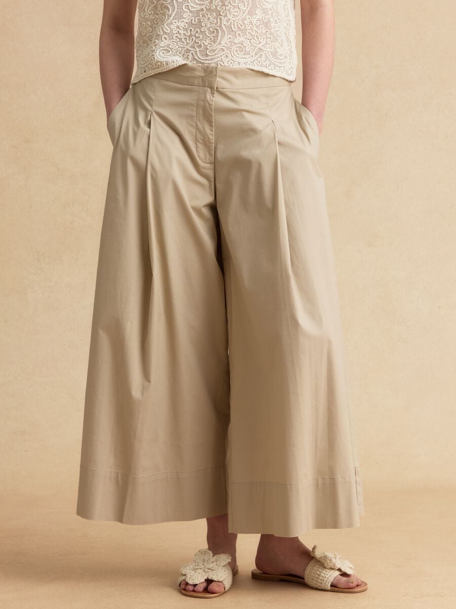 Beige stretch cotton palazzo trousers_1