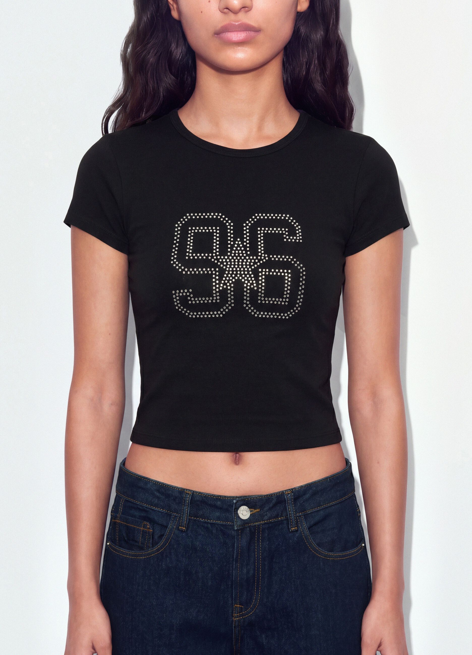 Black fitted stretch-cotton T-shirt with rhinestone embellishment