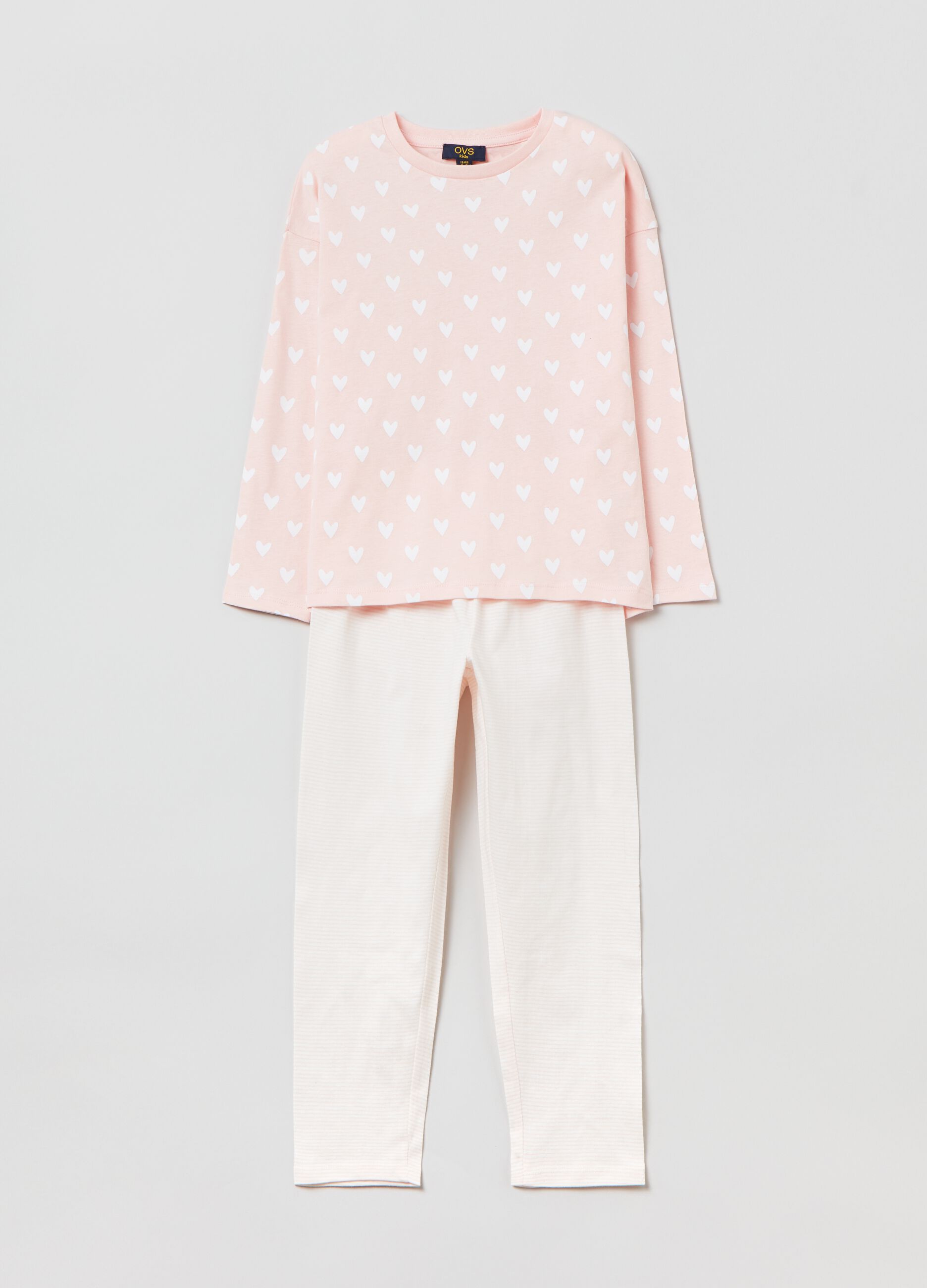 Long pyjamas in cotton with heart and stripe print