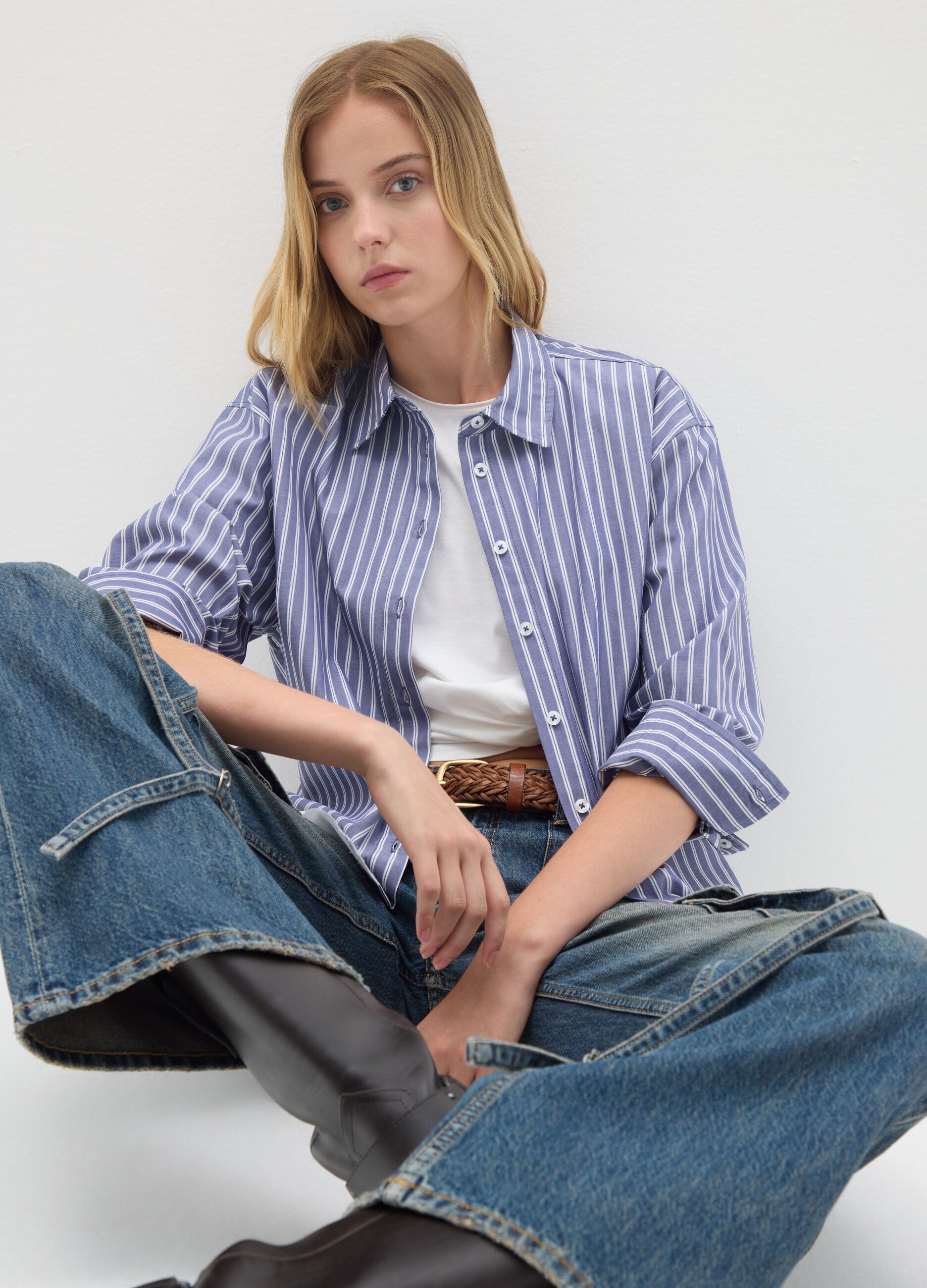 Blue and white striped shirt in pure cotton