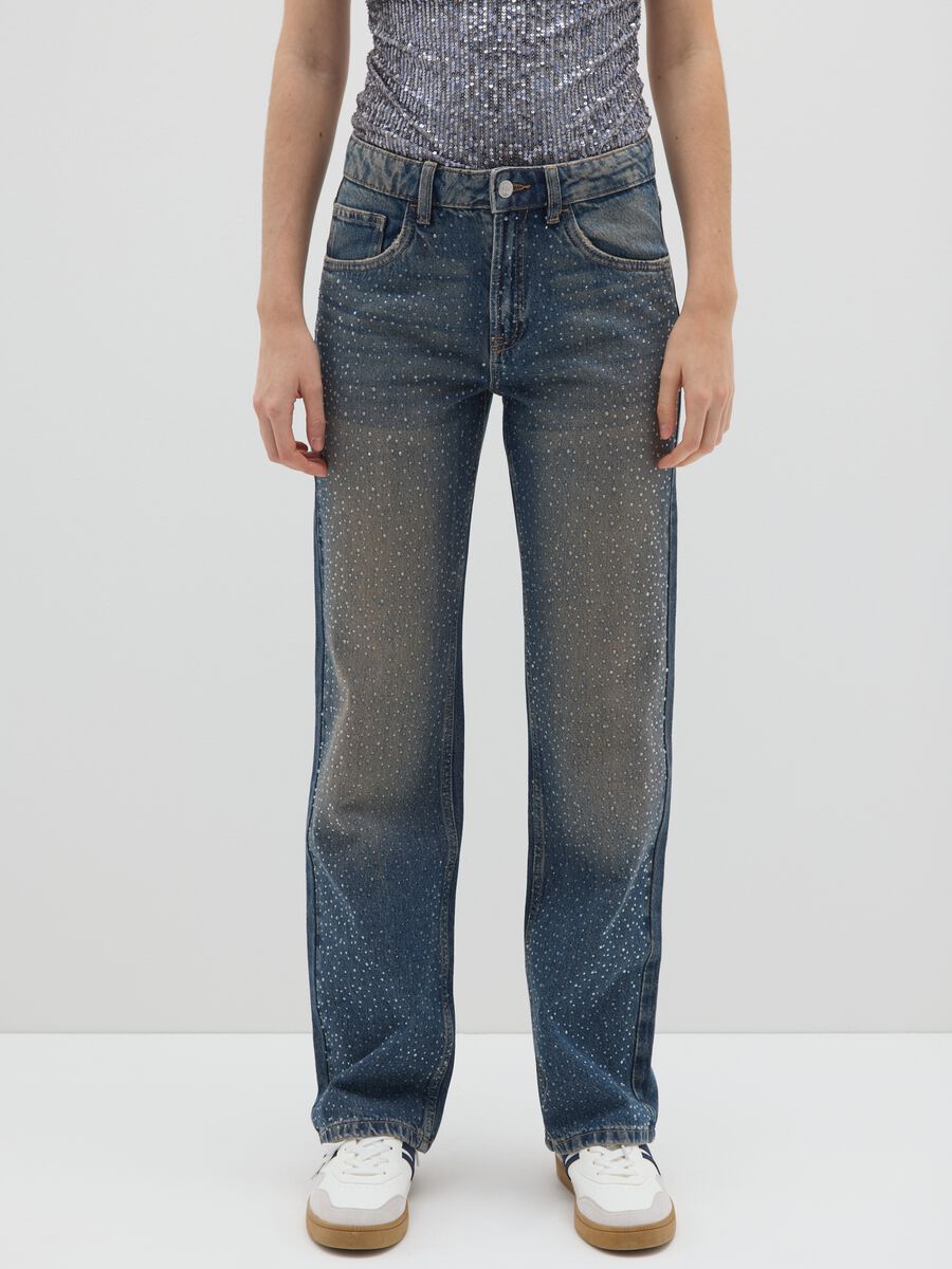 Jeans blu baggy in puro cotone con dettagli glitterati_1
