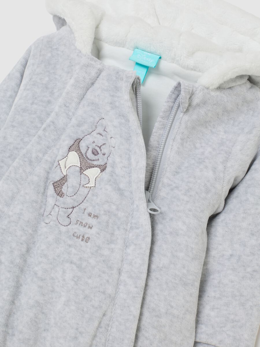 Grey newborn cotton blend playsuit with hood and embroidery_3