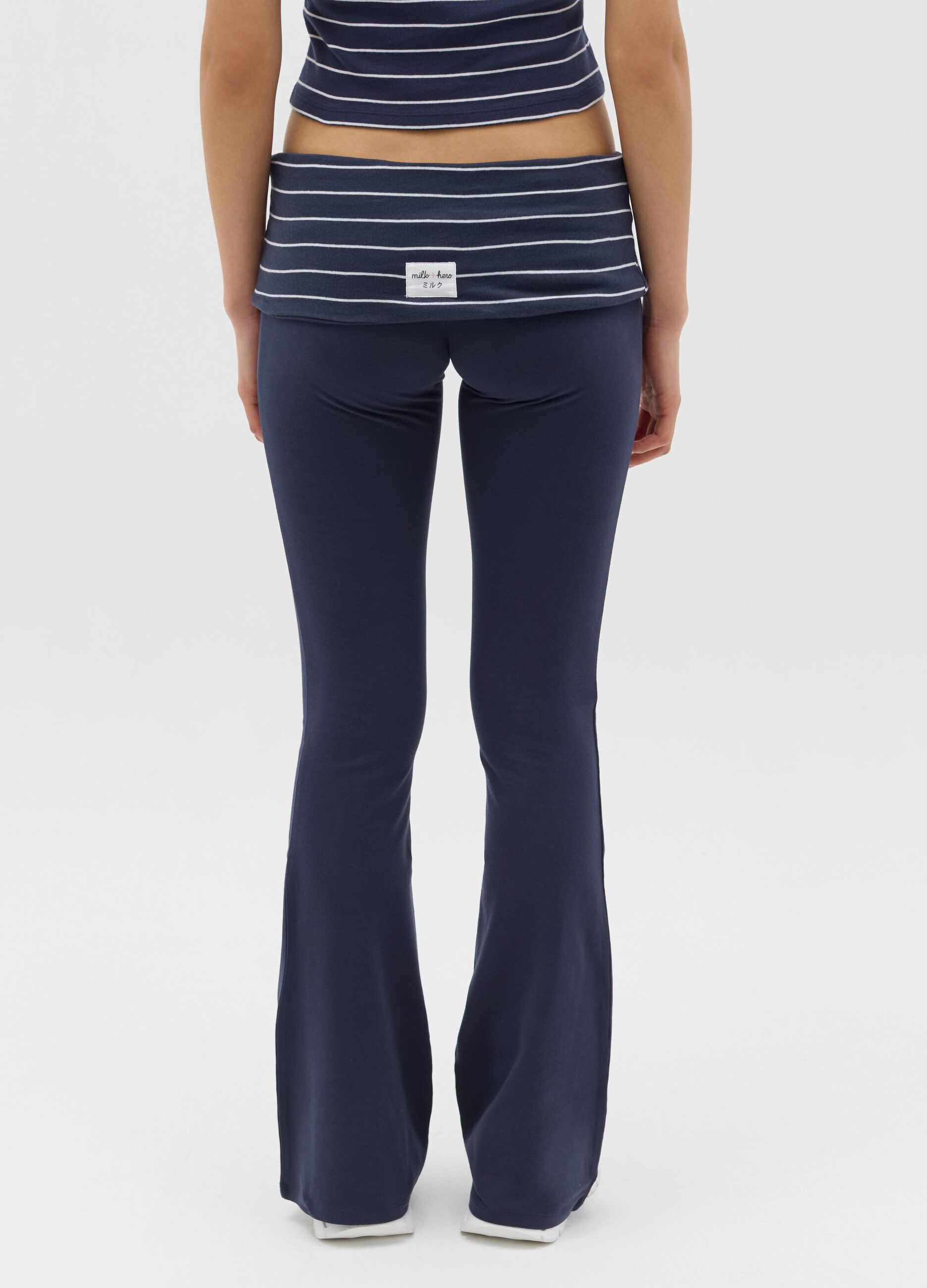 Blue flare-fit leggings with striped fold at the waist