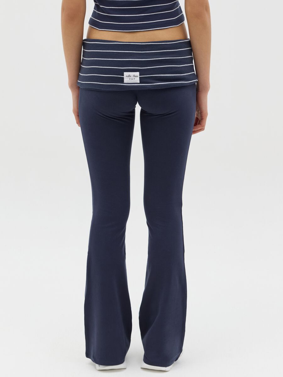 Blue flare-fit leggings with striped fold at the waist_3